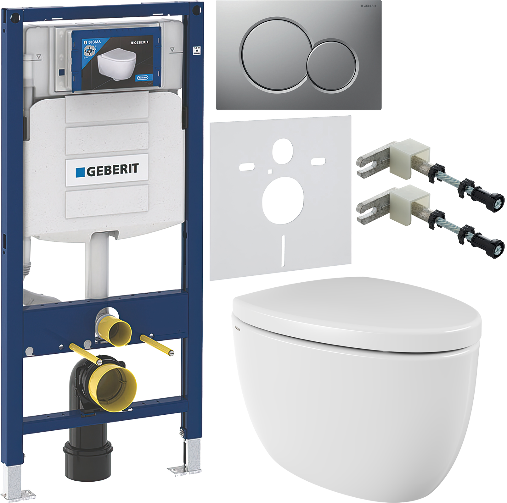 Комплект 6 в 1 Унитаз подвесной BOCCHI Etna белый + Сиденье белая, с микролифтом + Инсталляция Geberit Duofix UP 320 111.300.00.5 (111.950.00.6) + Кнопка Sigma 01 115.770.JQ.5 цвет матовый хром + Крепления 111.815.00.1 к стене + Звукоизоляция 156.050.00.1