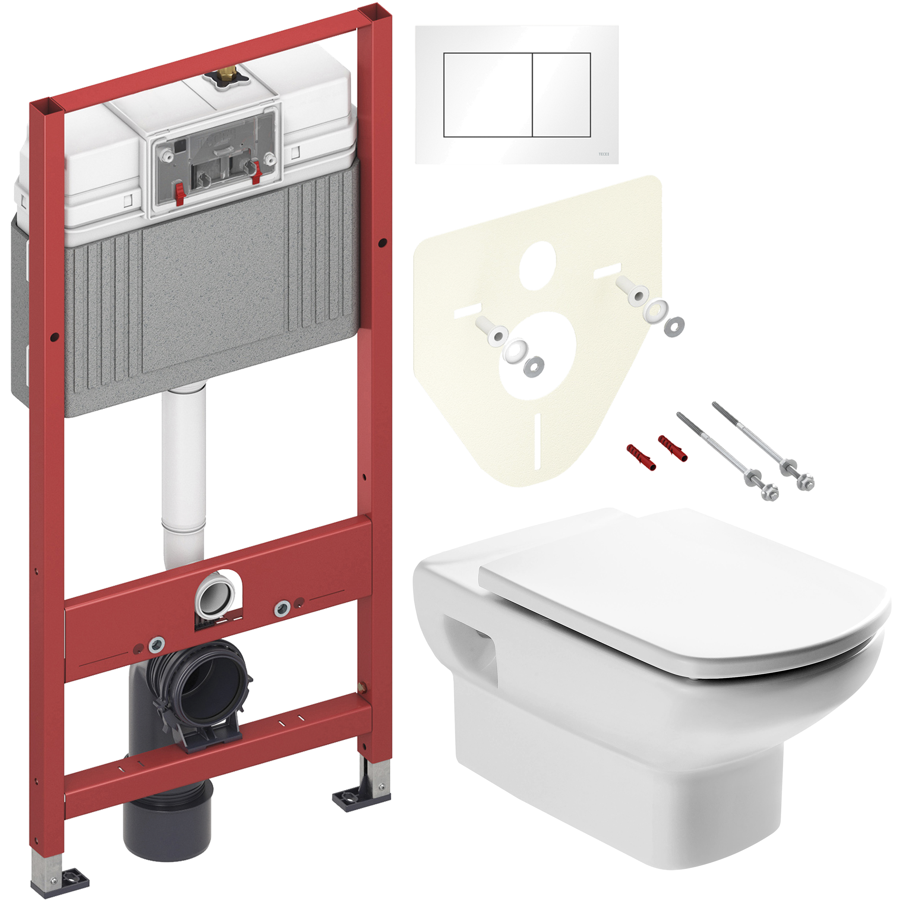 Комплект 3 в 1 Унитаз подвесной Roca Dama senso 346517000 + Сиденье Dama Senso ZRU9302820 c микролифтом, петли хром + Инсталляция с кнопкой TECE Base 9400413 цвет белый