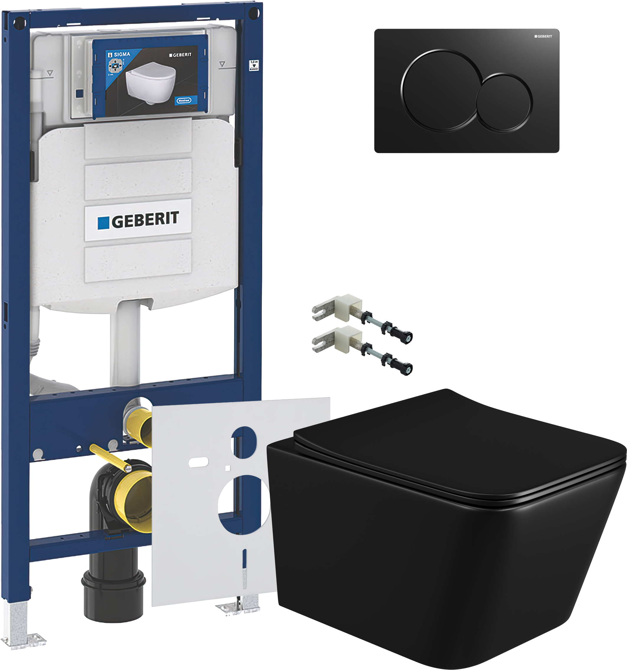 Комплект 5 в 1 Унитаз подвесной BOND Cube F04-108 + Крепления Geberit Duofix 111.815.00.1 к стене + Звукоизоляция 156.050.00.1 + Инсталляция UP 320 111.300.00.5 (111.950.00.6) + Кнопка Sigma 01 115.770.DW.5 цвет черный