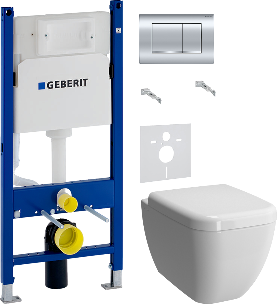 Комплект 4 в 1 Унитаз подвесной VitrA Shift 7742B003-0075 белая глянцевая + Сиденье 91-003-009 с микролифтом, петли хром + Инсталляция с кнопкой Geberit Duofix Delta 458.163.21.1 цвет хром + Звукоизоляция 156.050.00.1