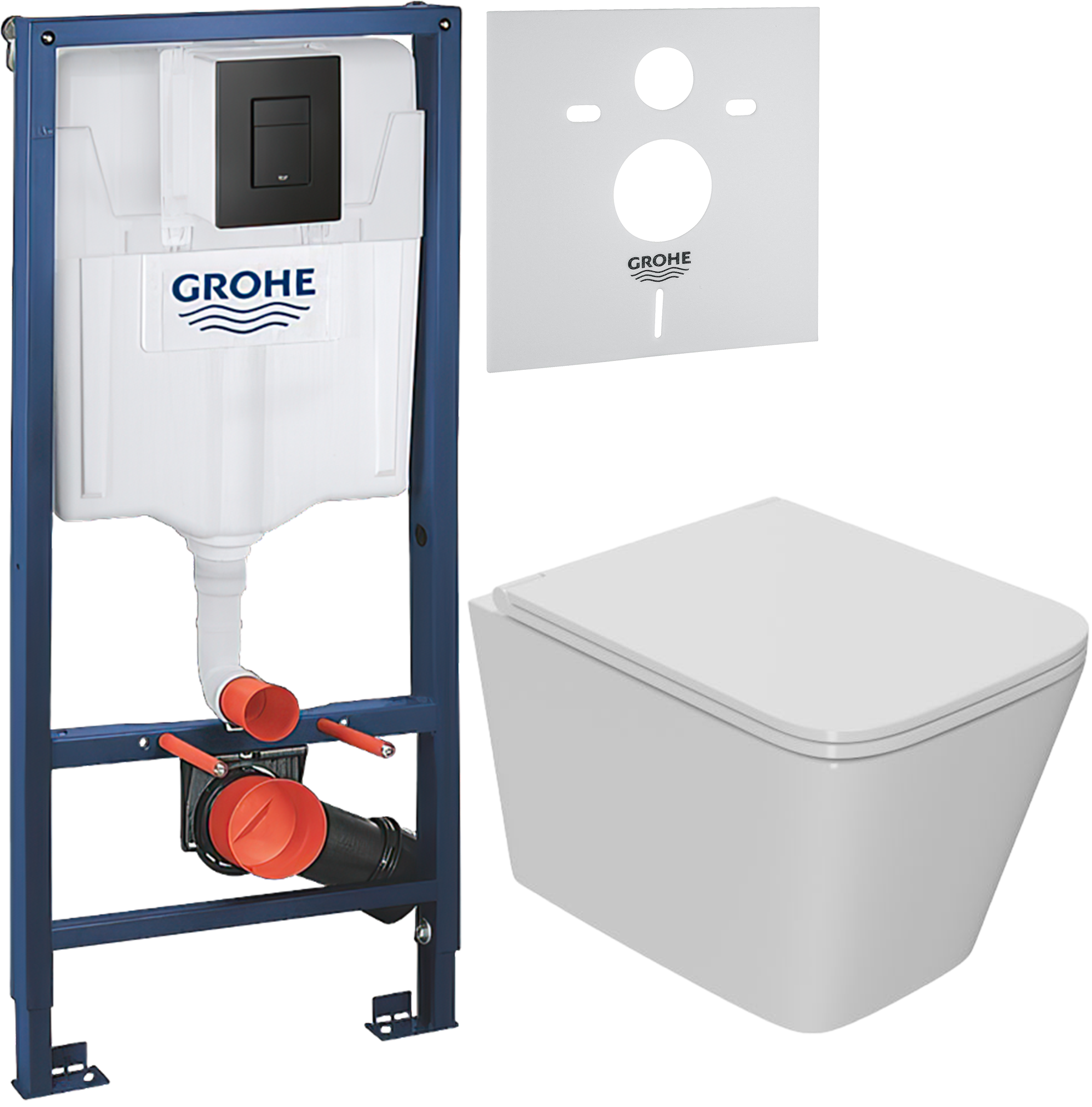 Комплект 3 в 1 Унитаз подвесной Bauedge Bau Stil Hurricane-2 безободковый, с микролифтом, белый + Инсталляция с кнопкой Grohe Solido 38811KF0 цвет черный + Звукоизоляция 37131000