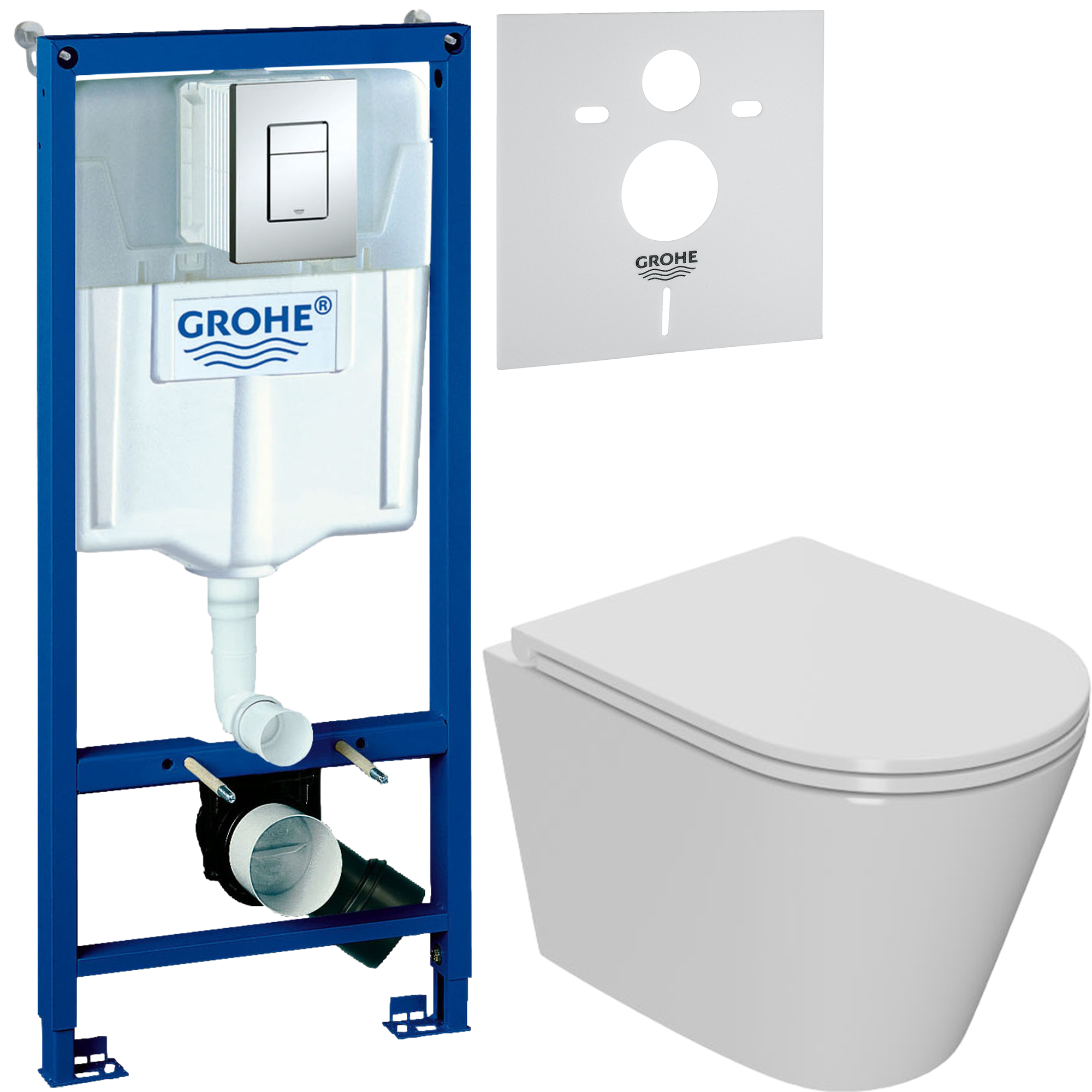 Комплект 3 в 1 Унитаз подвесной Bauedge Bau Nimb Hurricane3 + Инсталляция с кнопкой Grohe Rapid SL 38772001 цвет хром + Звукоизоляция 37131000