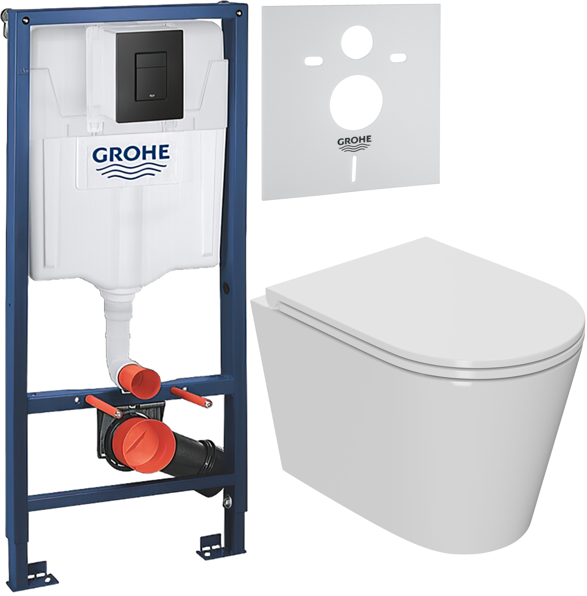 Комплект 3 в 1 Унитаз подвесной Bauedge Bau Nimb Hurricane-2 + Инсталляция с кнопкой Grohe Solido 38811KF0 цвет черный + Звукоизоляция 37131000