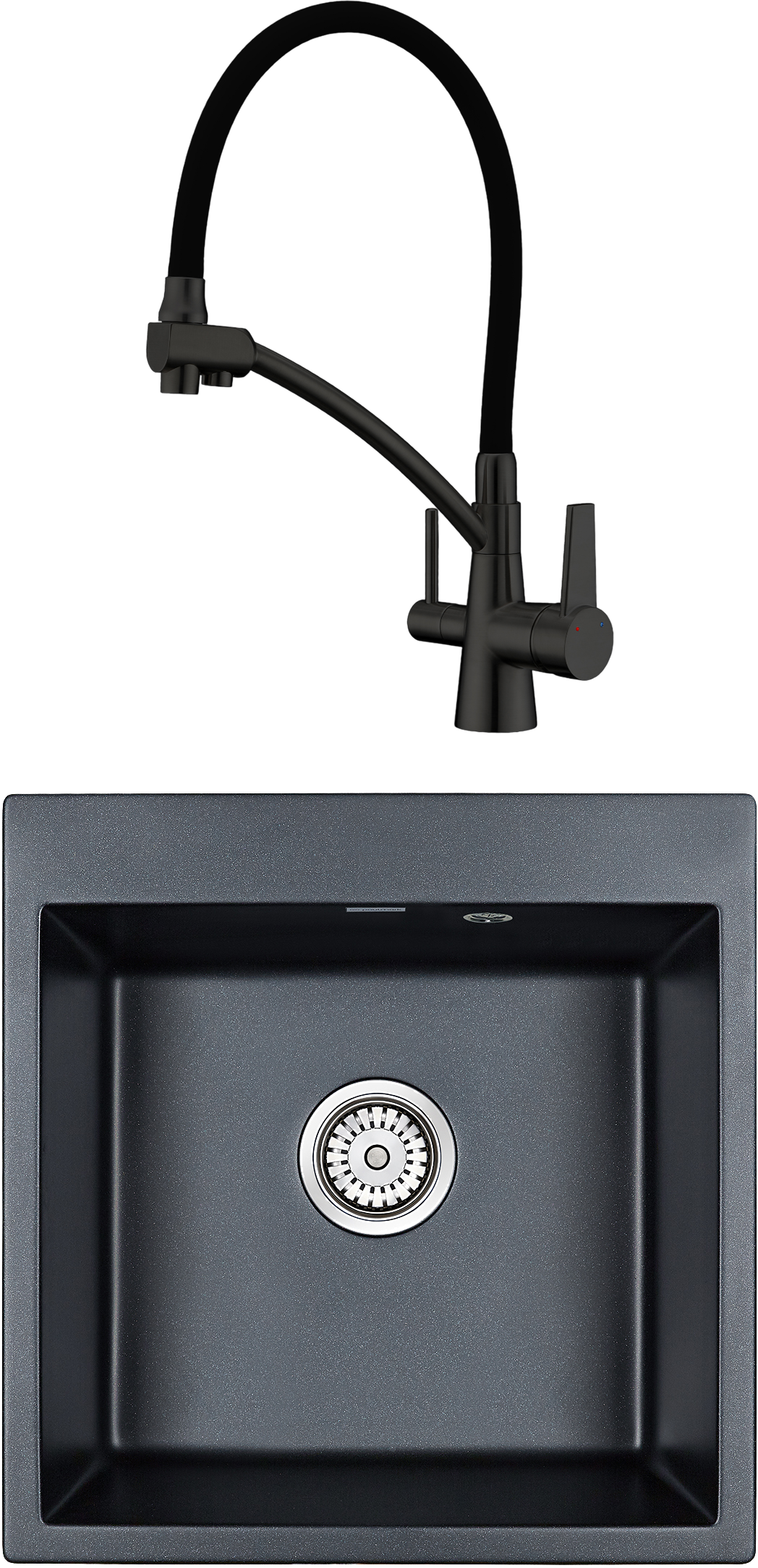 Комплект Мойка Paulmark Kante 50 PM105152-BLM, черный металлик + Смеситель Gappo G4398-16, с гибким изливом, черный