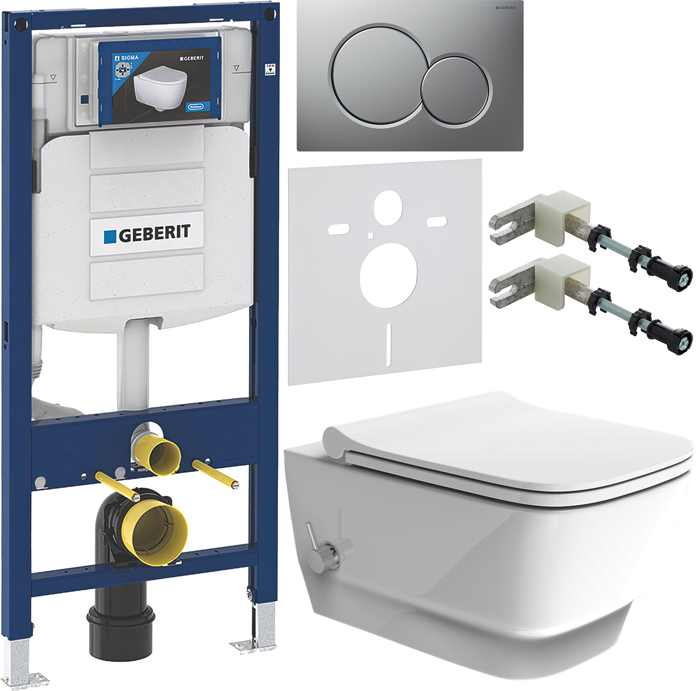 Комплект 6 в 1 Унитаз подвесной Boheme Bello 971-2-W + Сиденье 975-W + Инсталляция Geberit Duofix 111.300.00.5 + Кнопка Sigma 01 115.770.JQ.5 + Крепления 111.815.00.1 + Звукоизоляция 156.050.00.1