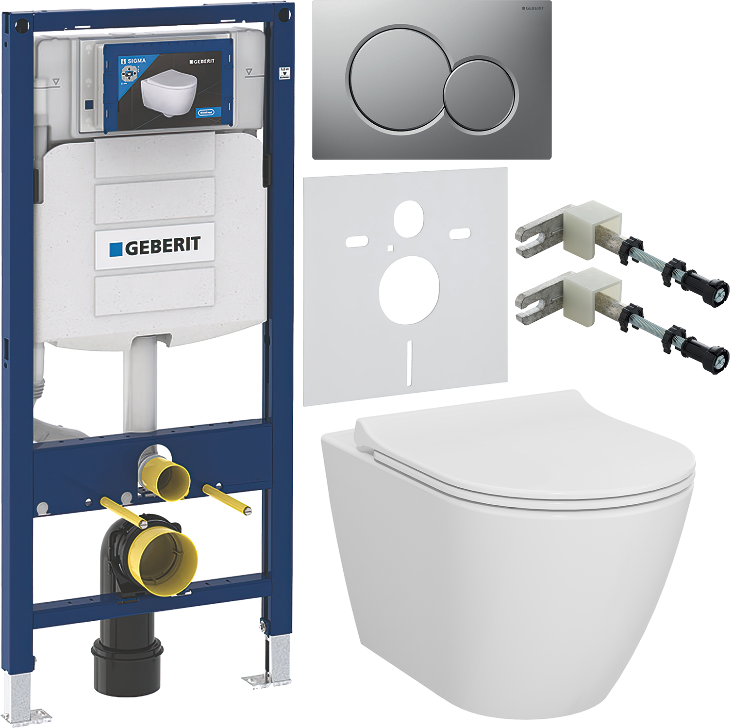 Комплект 6 в 1 Унитаз подвесной VitrA Sanibelle 7551B003-0075 безободковый + Сиденье 801-003-019 с микролифтом + Инсталляция Geberit Duofix UP 320 111.300.00.5 (111.950.00.6) + Кнопка Sigma 01 115.770.JQ.5 цвет матовый хром + Крепления 111.815.00.1 к стен