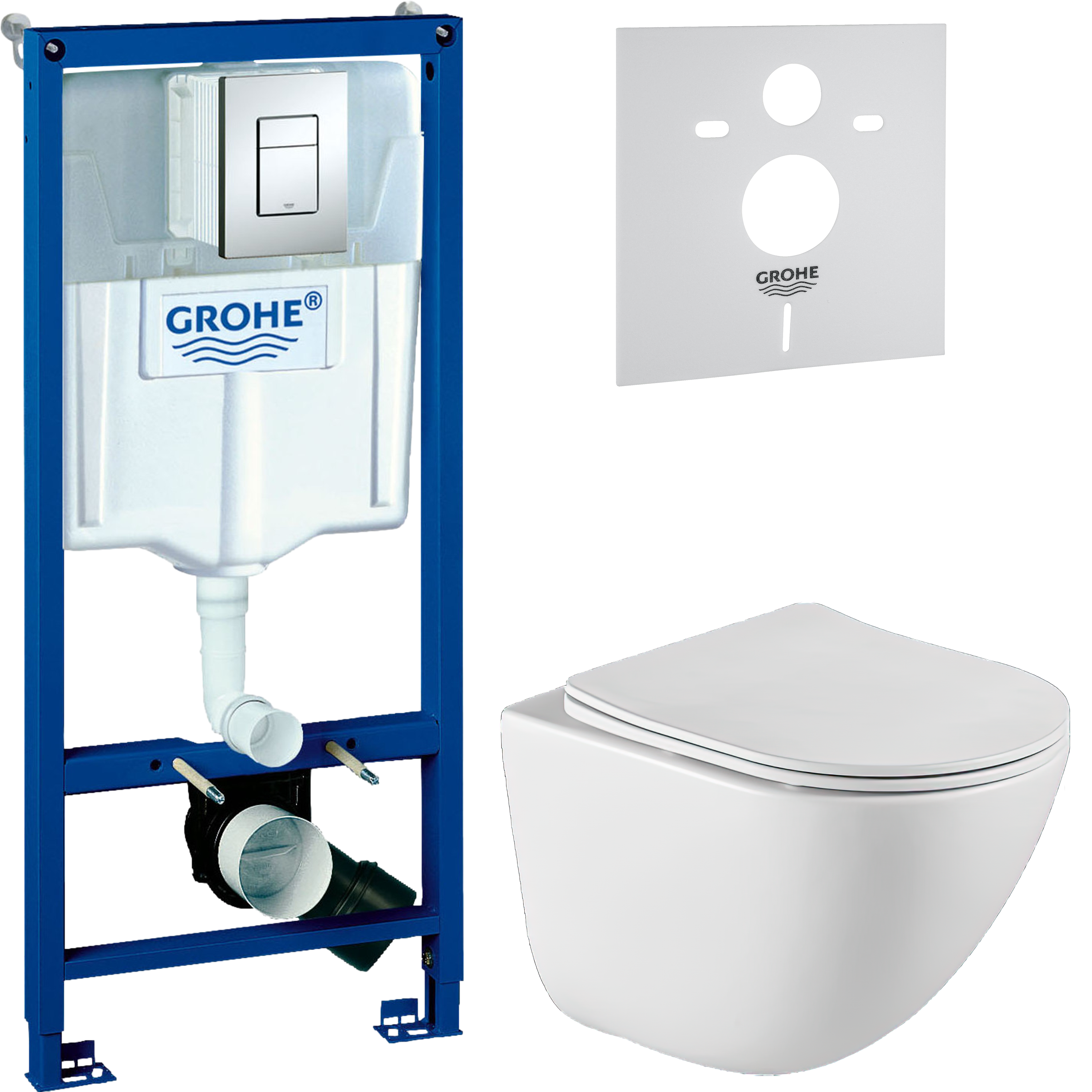 Комплект 4 в 1 Унитаз подвесной BelBagno Amanda BB051CHR безободковый + Сиденье BB051SC с микролифтом + Инсталляция с кнопкой Grohe Rapid SL 38772001 цвет хром + Звукоизоляция 37131000