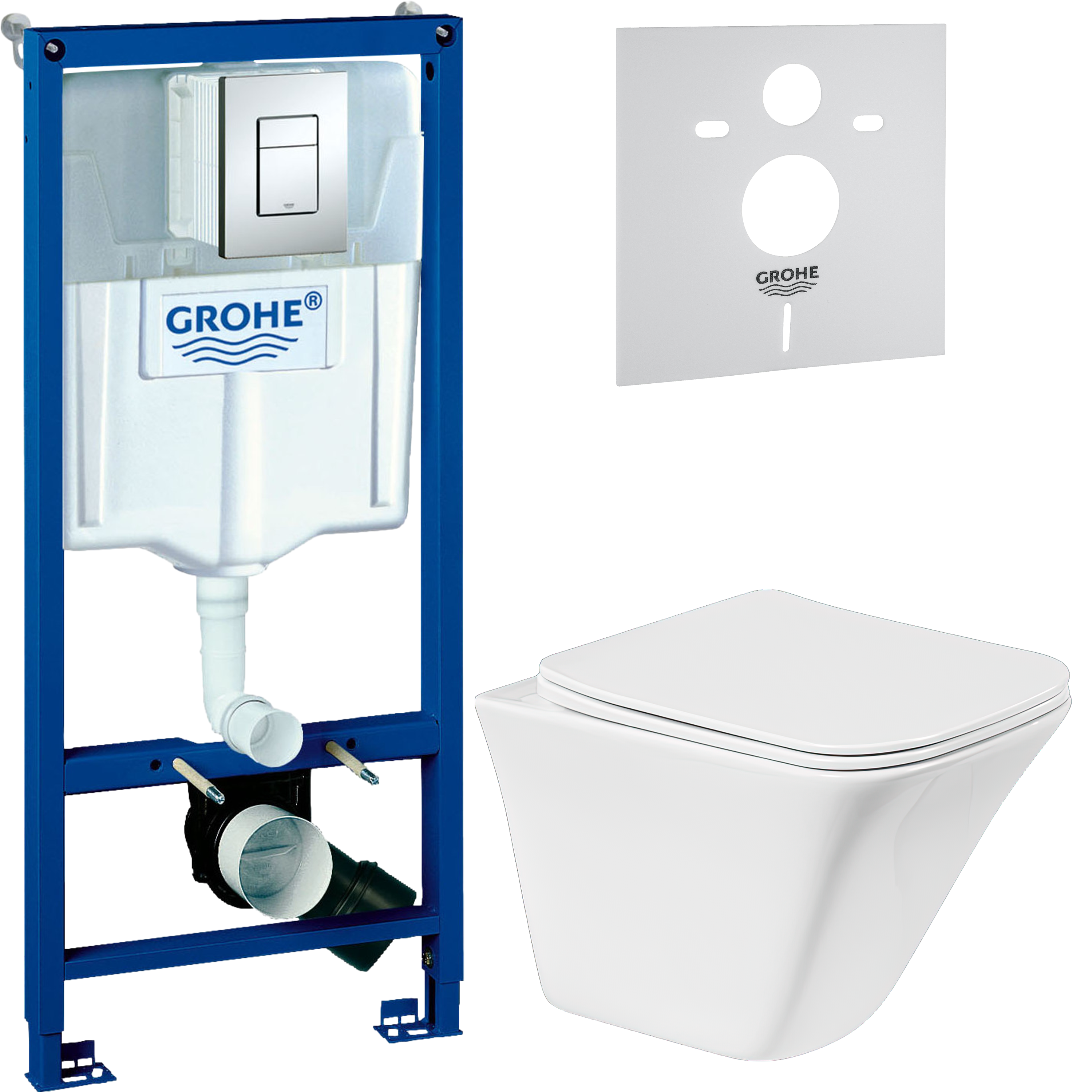 Комплект 4 в 1 Унитаз подвесной BelBagno Marmi BB052CHR + Сиденье BB052SC с микролифтом + Инсталляция с кнопкой Grohe Rapid SL 38772001 цвет хром + Звукоизоляция 37131000