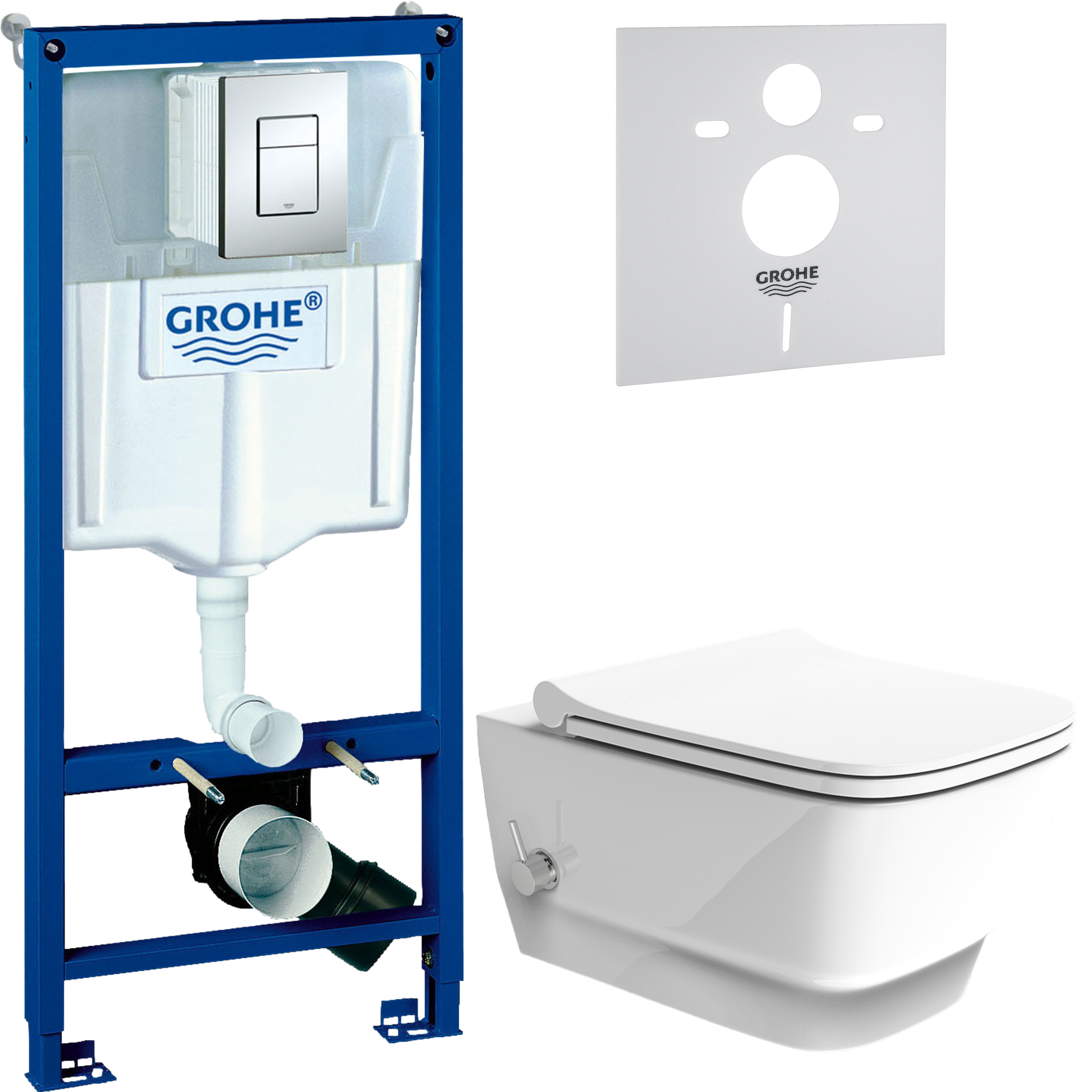 Комплект 4 в 1 Унитаз подвесной Boheme Bello 971-2-W с функцией биде, белый глянцевый + Сиденье 975-W белая глянцевая + Инсталляция с кнопкой Grohe Rapid SL 38772001 цвет хром + Звукоизоляция 37131000