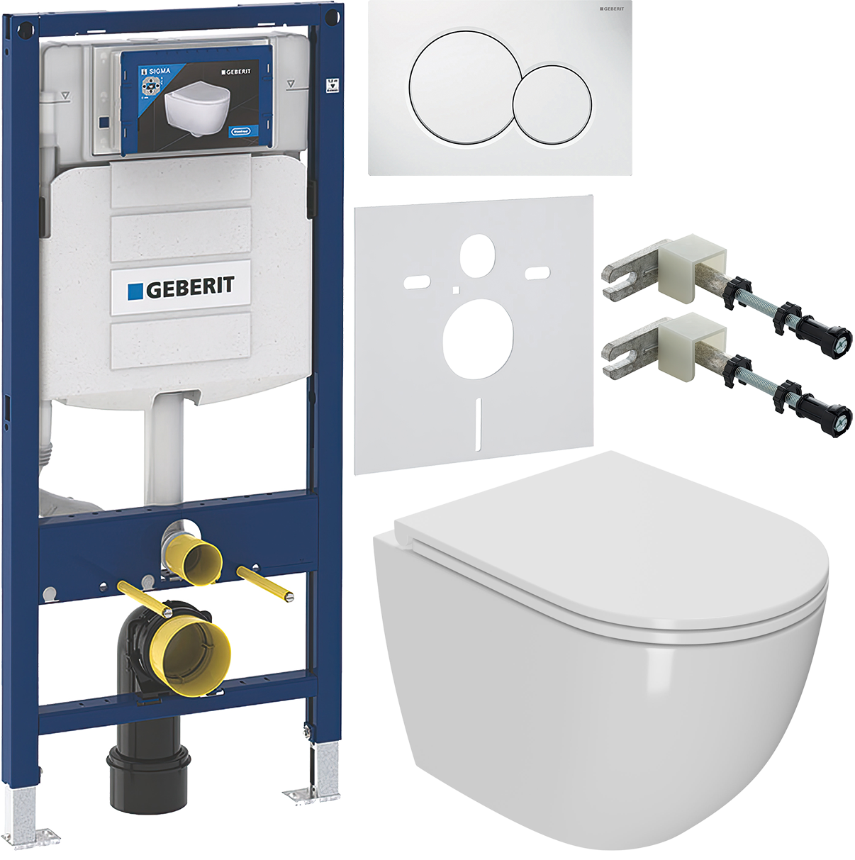Комплект 5 в 1 Унитаз подвесной Bauedge BL0001-HQ2 + Инсталляция Geberit Duofix 111.300.00.5 + Кнопка Sigma 01 115.770.11.5 + Крепления 111.815.00.1 + Звукоизоляция 156.050.00.1