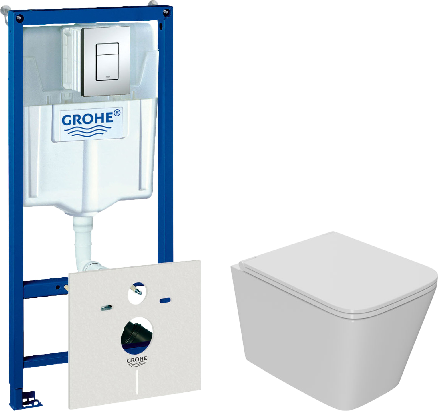 Комплект  Унитаз подвесной Bauedge Bau Stil Hurricane-2 безободковый, с микролифтом, белый + Система инсталляции для унитазов Grohe Rapid SL 38772001,