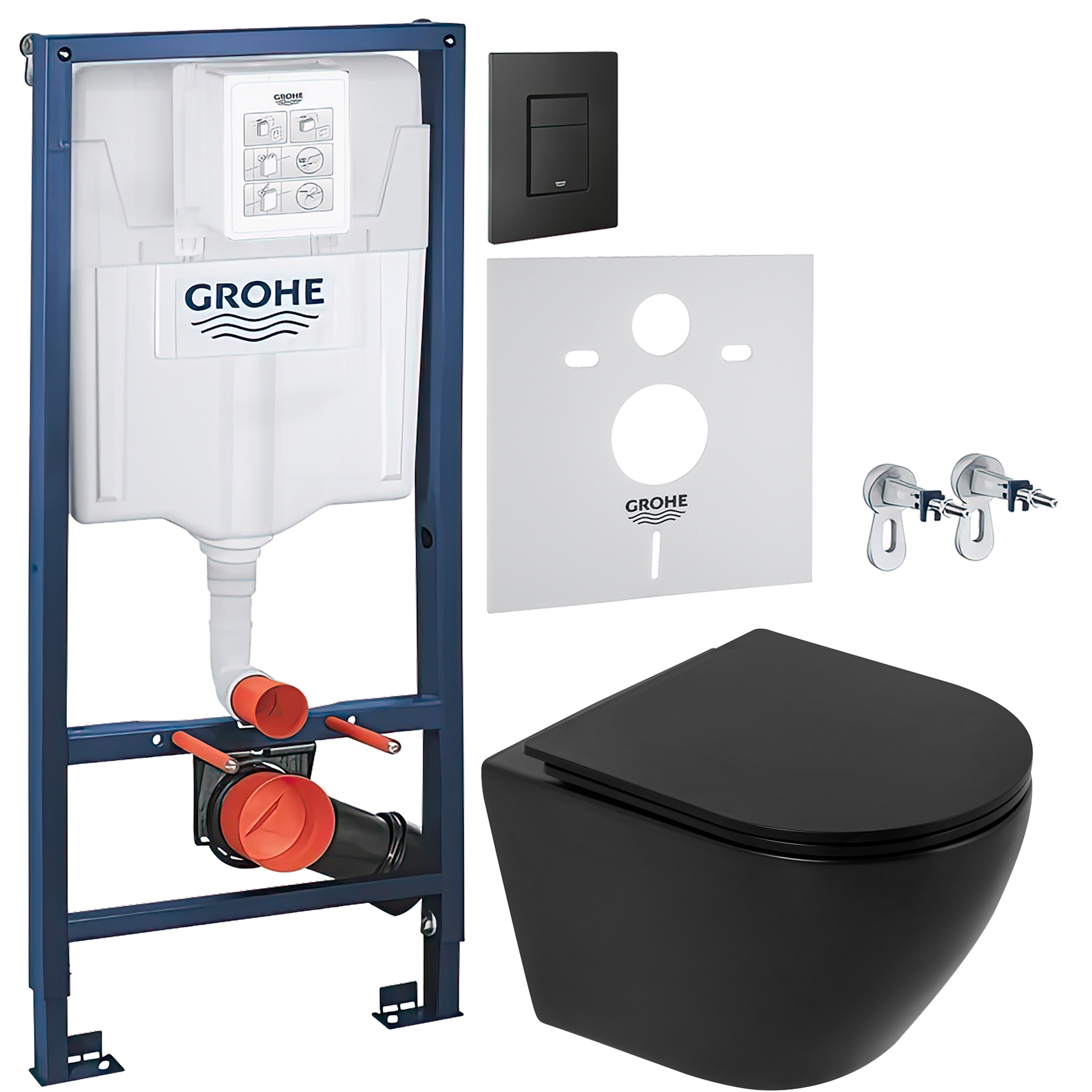Комплект 4 в 1 Унитаз подвесной BelBagno Colorato BB062CHR-MB матовый черный + Сиденье BB062SC-MB матовая черная + Инсталляция с кнопкой Grohe Solido 38811KF0 цвет черный + Звукоизоляция 37131000