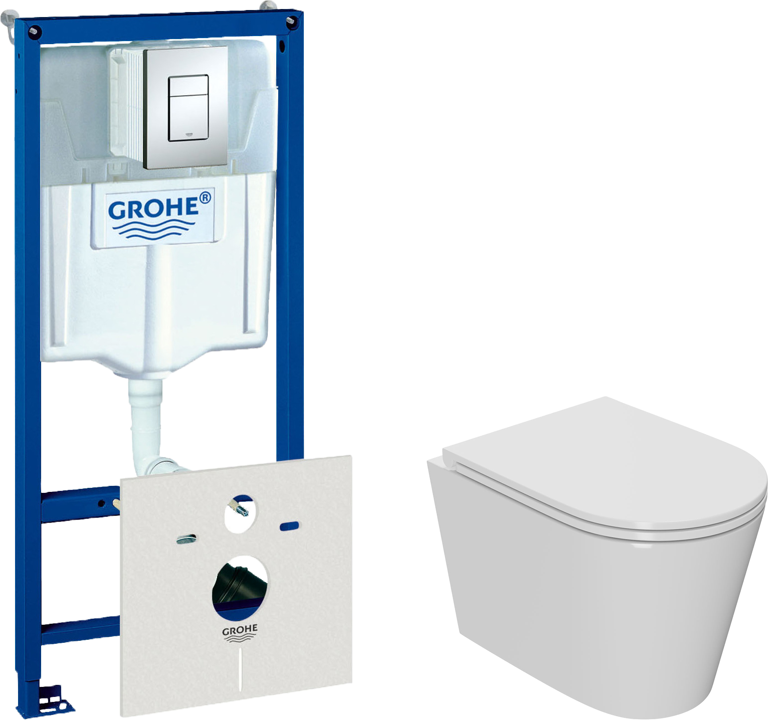 Комплект  Унитаз подвесной Bauedge Bau Nimb Hurricane-2 безободковый, с микролифтом, белый + Система инсталляции для унитазов Grohe Rapid SL 38772001,