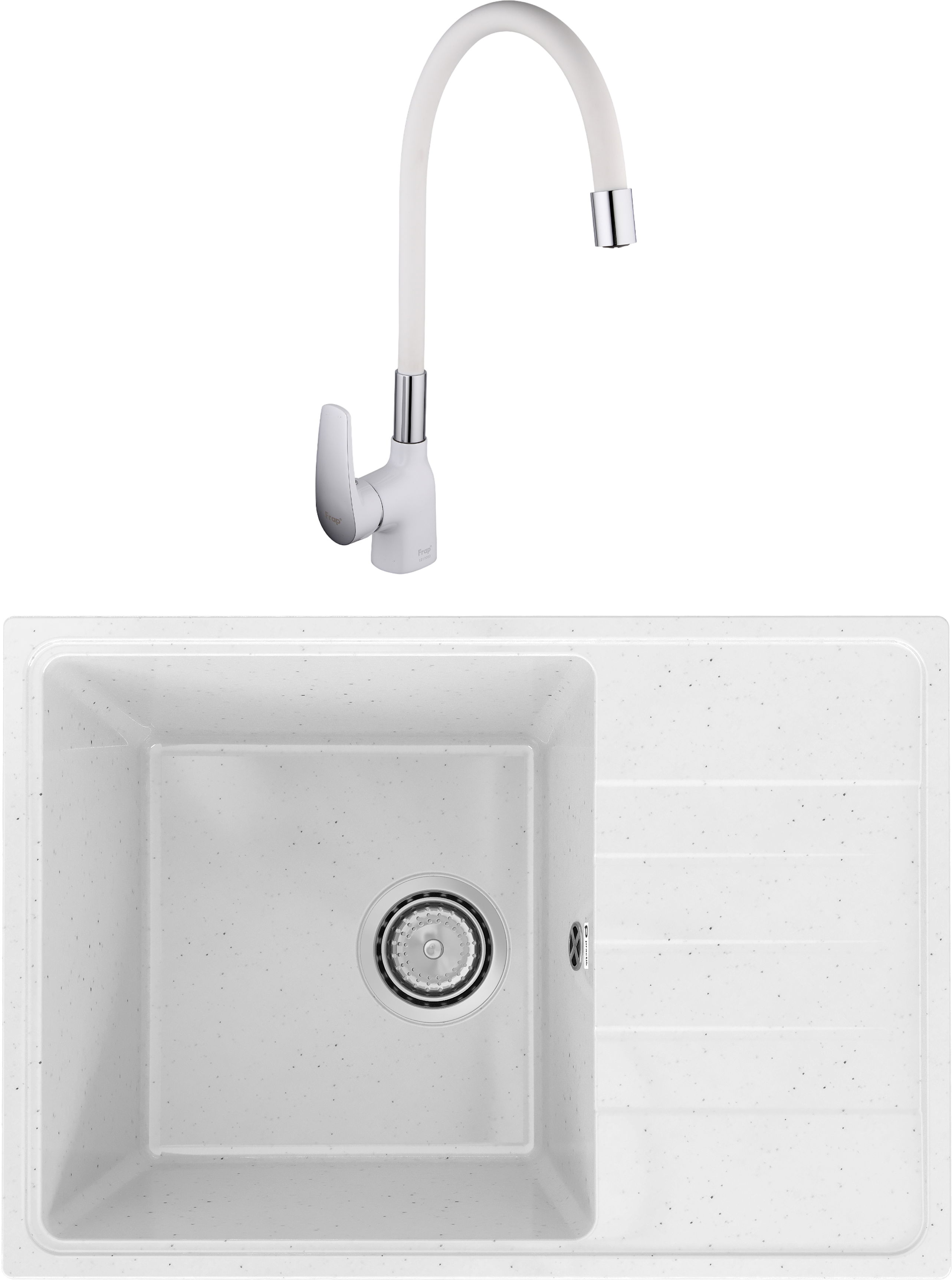 Комплект Мойка Practik PR-M 600-001, белый камень + Смеситель Frap F4453-03, с гибким изливом, белый