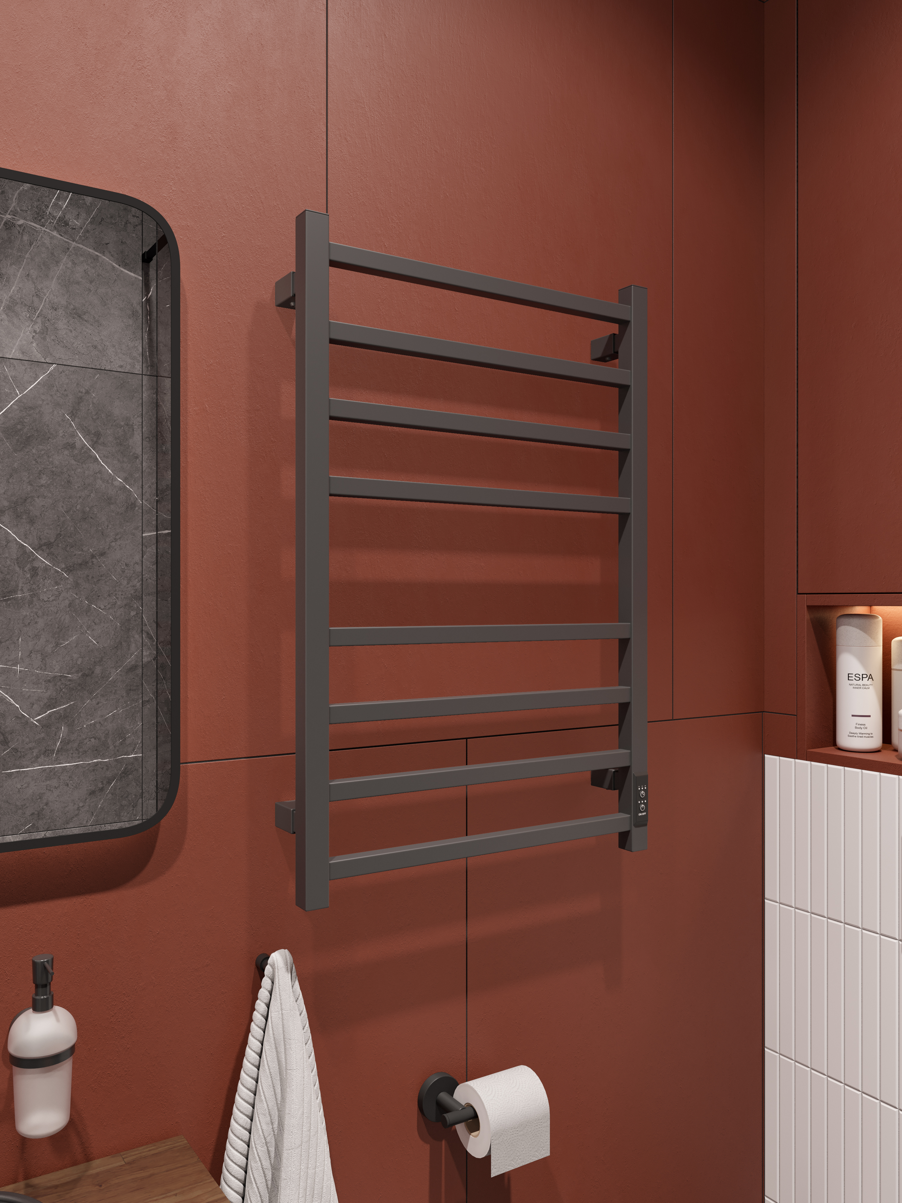 Полотенцесушитель электрический EWRIKA Пенелопа L2 80x55 см, подключение справа, слева, скрытое подключение справа, графит, лесенка, из стали