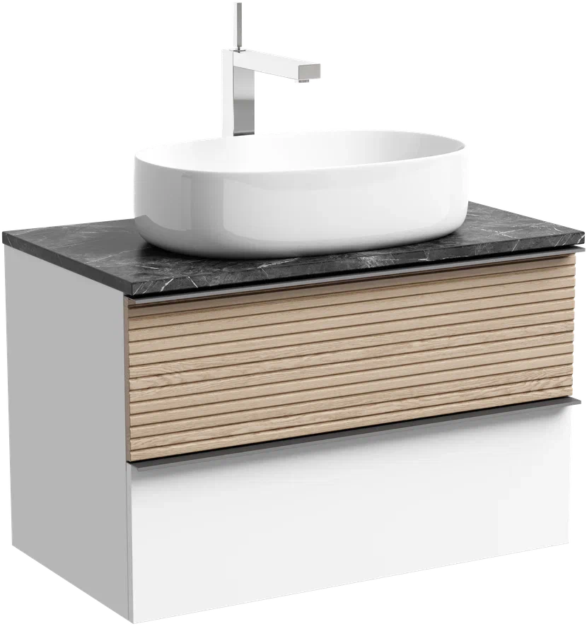 Тумба с раковиной Sancos Delta 80 см, дуб светлый, белый, столешница черный мрамор, раковина CN5023