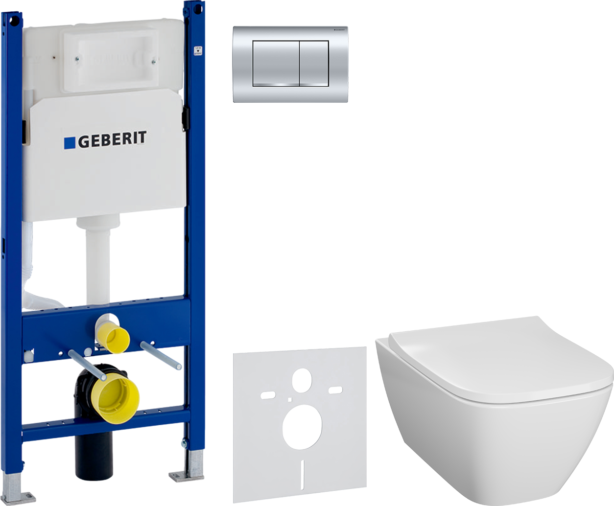 Комплект 3 в 1 Унитаз подвесной Geberit Smyle Square 500.683.01.1 + Инсталляция с кнопкой Duofix Delta 458.163.21.1 цвет хром + Звукоизоляция 156.050.00.1