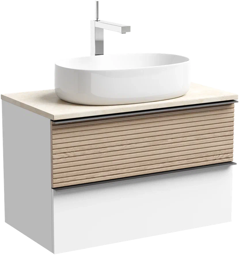 Тумба с раковиной Sancos Delta 80 см, дуб светлый, белый, столешница бежевая, раковина CN5023