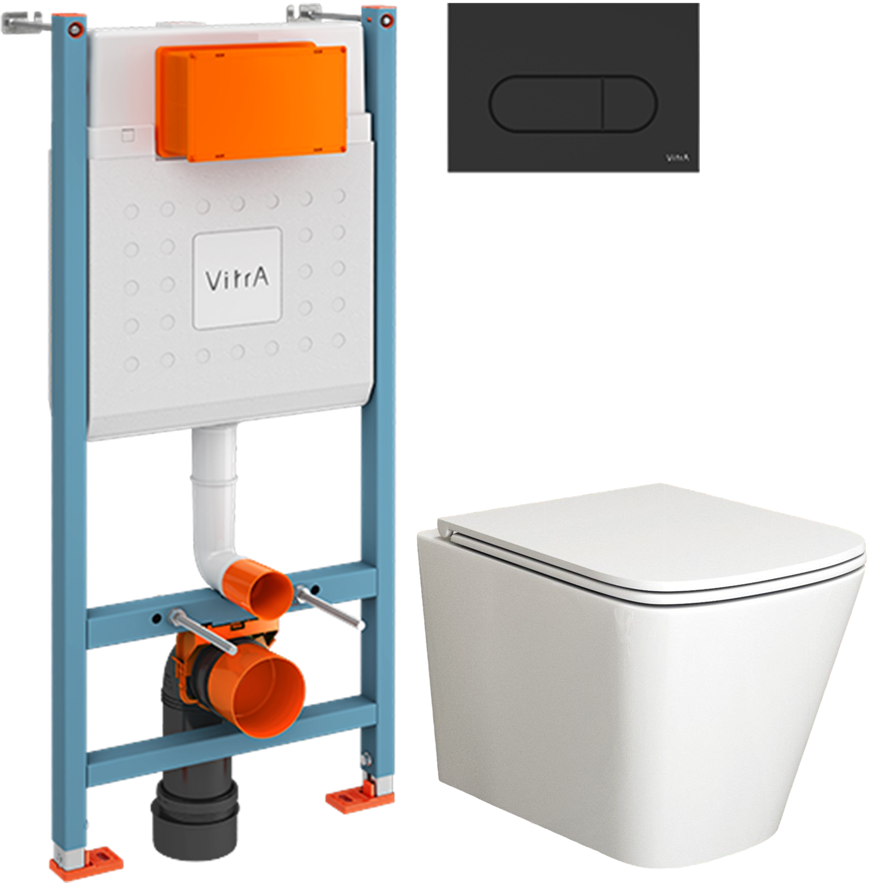 Комплект 2 в 1 Унитаз подвесной Bauedge Stil BS0002 с микролифтом, безободковый, глянцевый белый + Инсталляция с кнопкой VitrA V-Fix Core 732-5800-01 цвет матовый черный