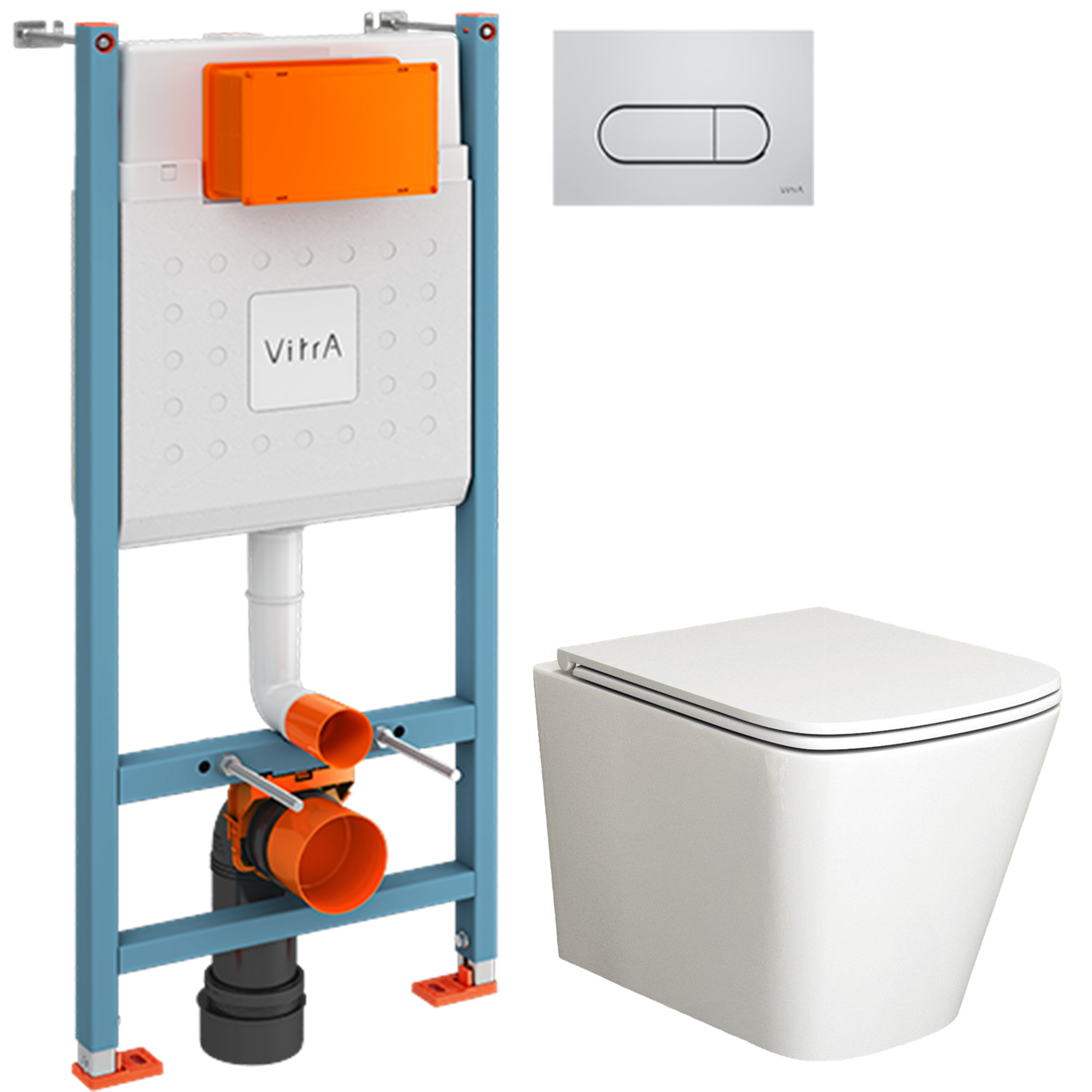 Комплект 2 в 1 Унитаз подвесной Bauedge Stil BS0002 с микролифтом, безободковый, глянцевый белый + Инсталляция с кнопкой VitrA V-Fix Core 732-5800-01 цвет хром глянец