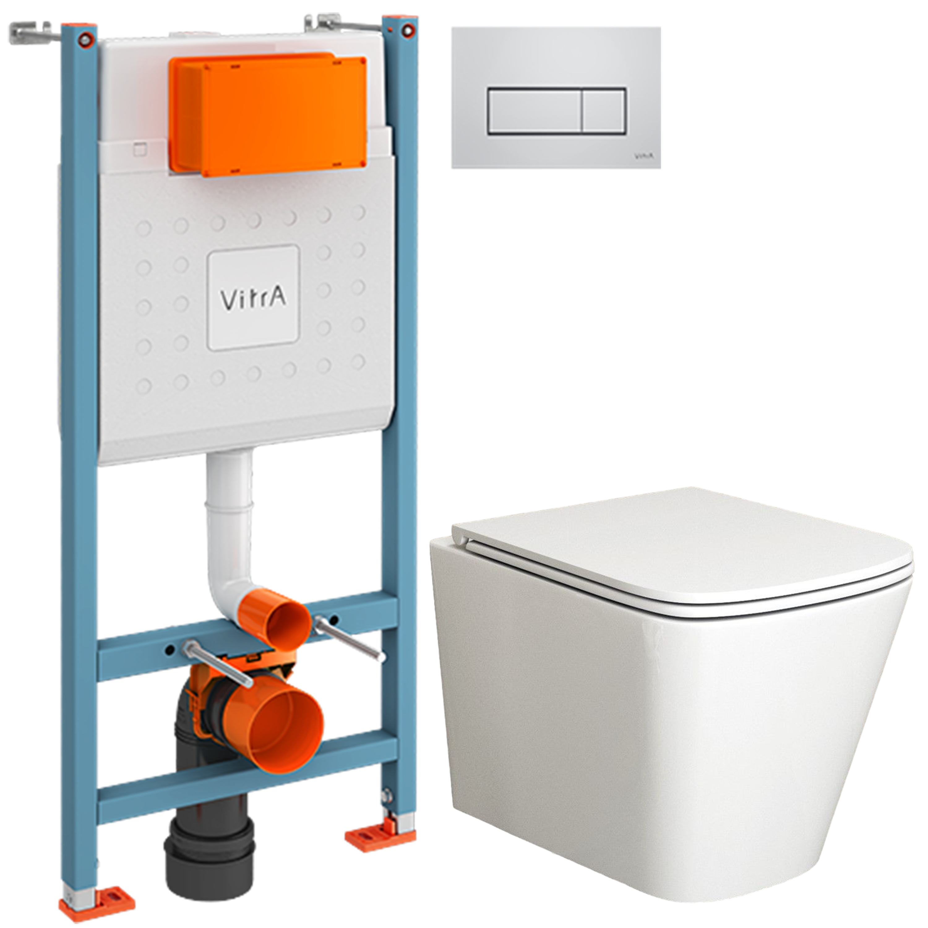 Комплект 2 в 1 Унитаз подвесной Bauedge Stil BS0002 с микролифтом, безободковый, глянцевый белый + Инсталляция с кнопкой VitrA V-Fix Core 738-5800-01 цвет хром глянец