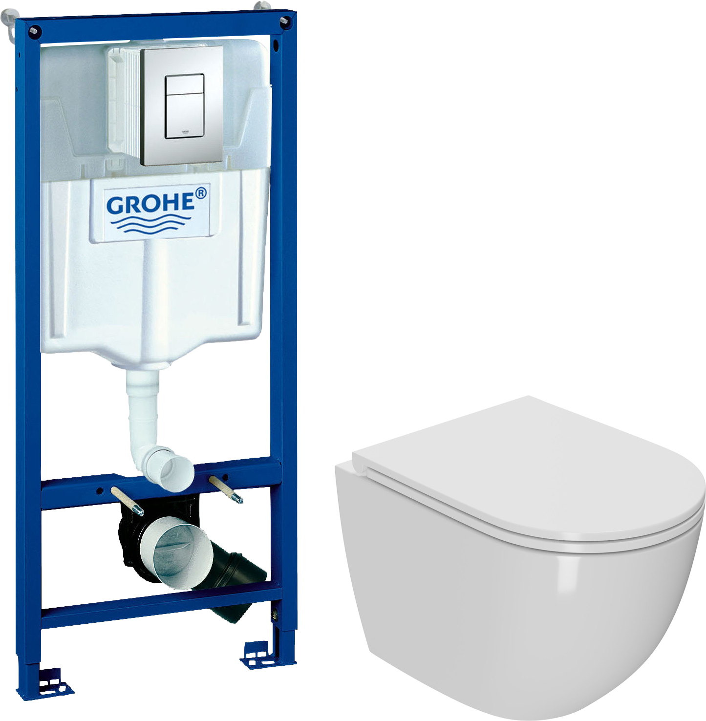 Комплект 2 в 1 Унитаз подвесной Bauedge Bau Dream Hurricane-2 с микролифтом, безободковый, белый + Инсталляция с кнопкой Grohe Rapid SL 38772001 цвет хром