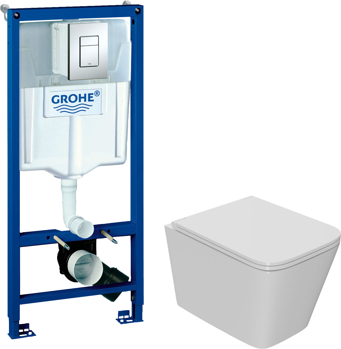 Комплект 2 в 1 Унитаз подвесной Bauedge Bau Stil Hurricane-2 безободковый, с микролифтом, белый + Инсталляция с кнопкой Grohe Rapid SL 38772001 цвет хром