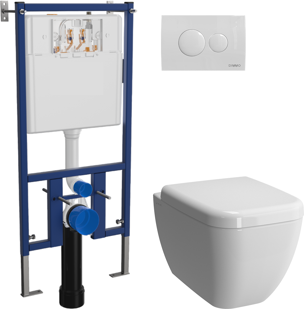 Комплект 4 в 1 Унитаз подвесной VitrA Shift 7742B003-0075 белая глянцевая + Сиденье 91-003-009 с микролифтом, петли хром + Инсталляция DIWO 4501 + Кнопка 7310 цвет глянцевый белый