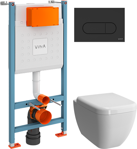 Комплект 3 в 1 Инсталляция с кнопкой VitrA V-Fix Core 732-5800-01 цвет матовый черный + Унитаз подвесной Shift 7742B003-0075 белая глянцевая + Крышка 91-003-009 с микролифтом, петли хром