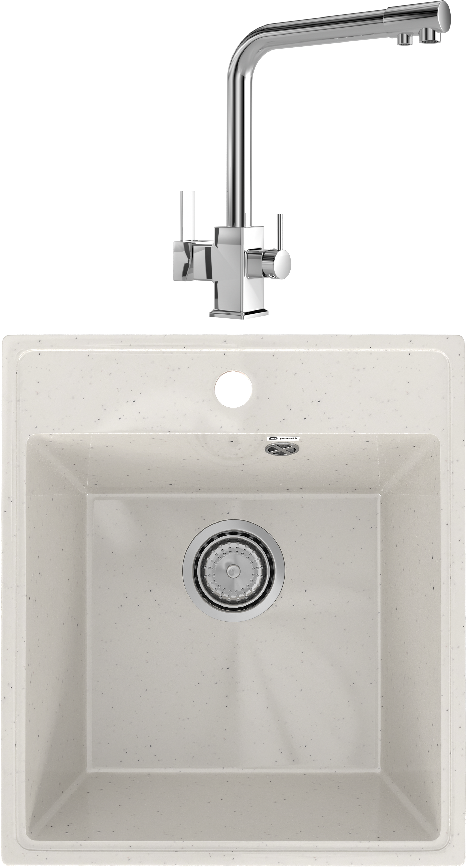 Комплект Мойка Practik PR-M 425-001, белый камень + Смеситель MEGA Life MG-TK06, хром