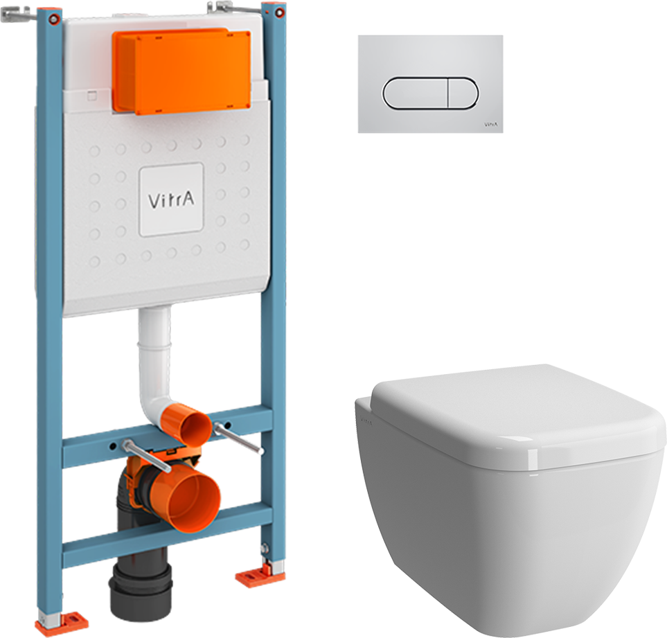 Комплект 3 в 1 Инсталляция с кнопкой VitrA V-Fix Core 732-5800-01 цвет хром глянец + Унитаз подвесной Shift 7742B003-0075 белая глянцевая + Крышка 91-003-009 с микролифтом, петли хром