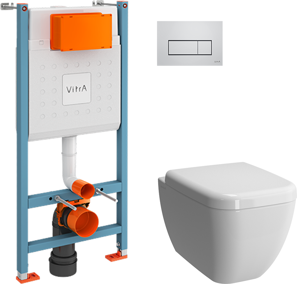 Комплект 3 в 1 Унитаз подвесной VitrA Shift 7742B003-0075 белая глянцевая + Сиденье 91-003-009 с микролифтом, петли хром + Инсталляция с кнопкой V-Fix Core 738-5800-01 цвет хром глянец