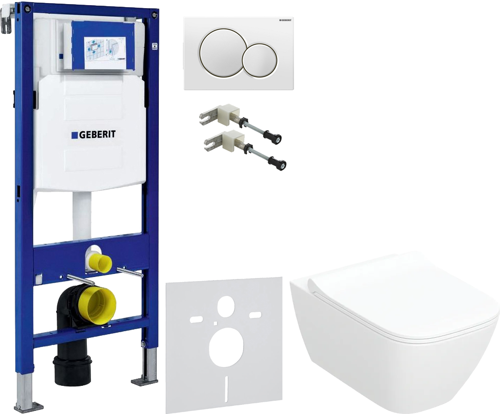 Комплект 5 в 1 Унитаз подвесной Geberit Smyle Square 500.685.01.1 + Крепления Duofix 111.815.00.1 к стене + Звукоизоляция 156.050.00.1 + Инсталляция UP 320 111.300.00.5 (111.950.00.6) + Кнопка Sigma 01 115.770.11.5 цвет белый