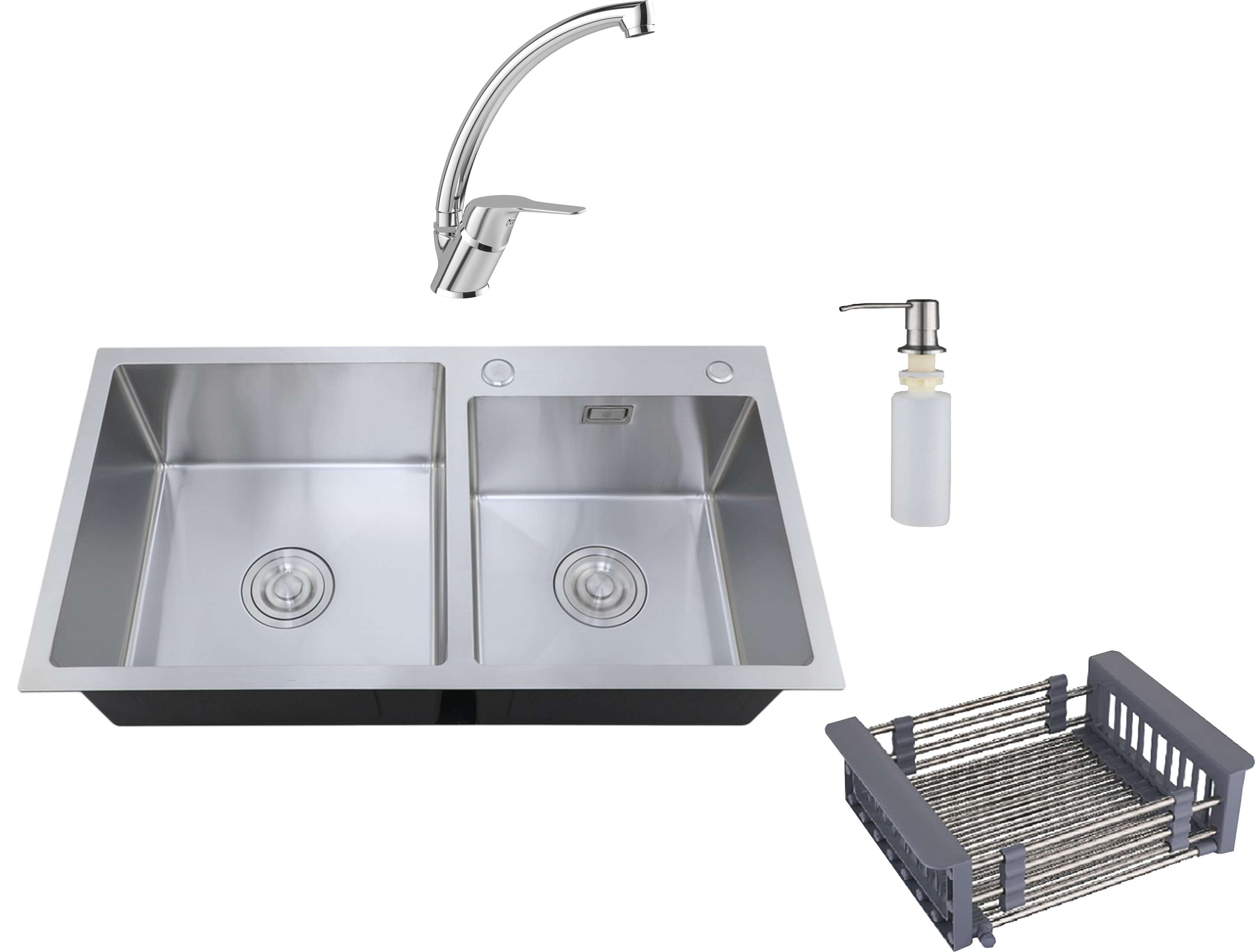 Комплект Мойка РМС MR-7843, c корзиной и дозатором, нержавеющая сталь + Смеситель MEGA Mega MG-BMK016, хром