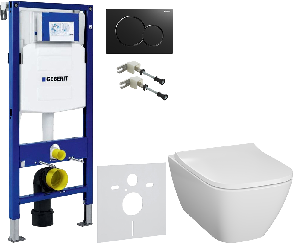 Комплект 5 в 1 Унитаз подвесной Geberit Smyle Square 500.683.01.1 + Крепления Duofix 111.815.00.1 к стене + Звукоизоляция 156.050.00.1 + Инсталляция UP 320 111.300.00.5 (111.950.00.6) + Кнопка Sigma 01 115.770.DW.5 цвет черный