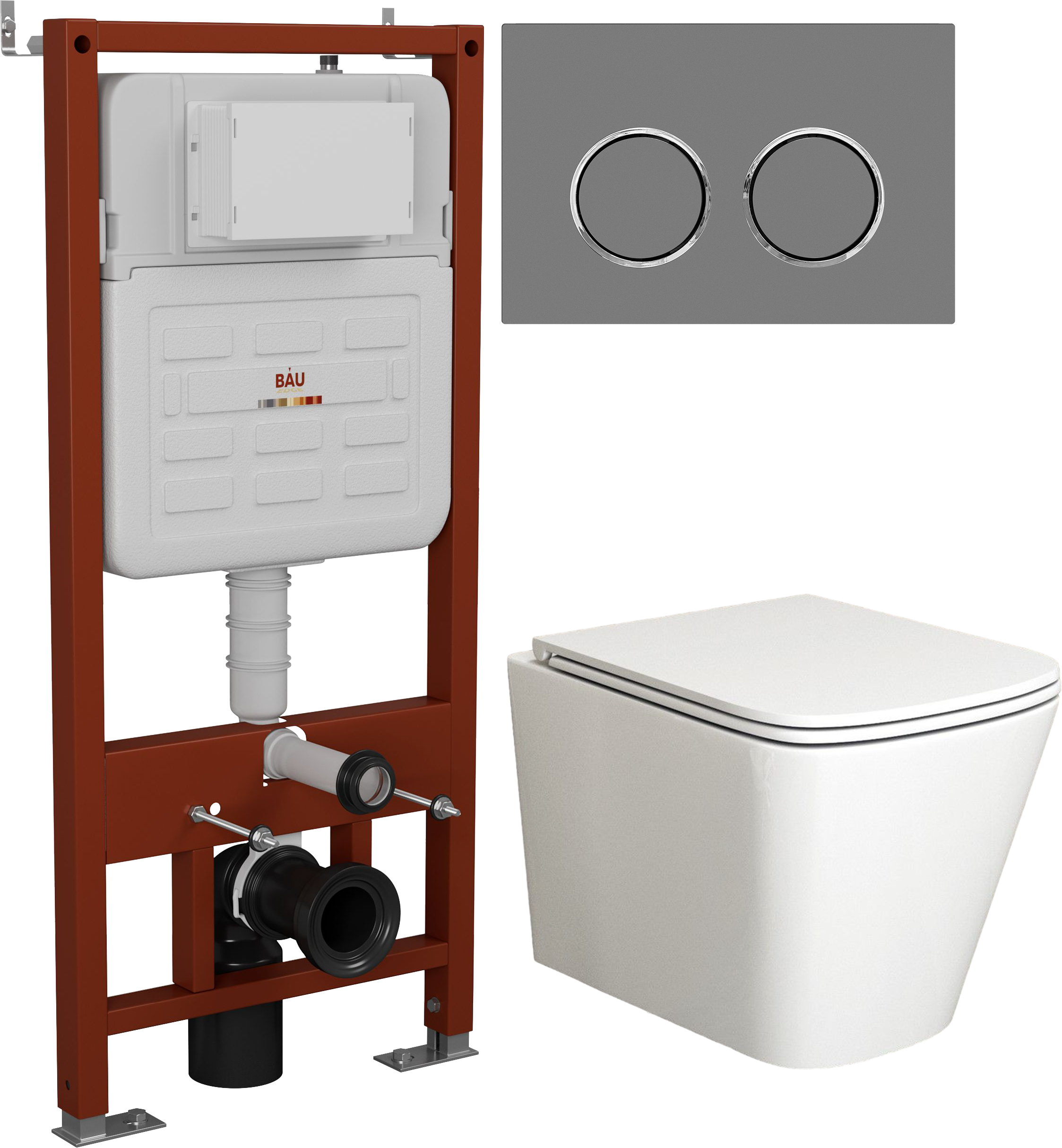 Комплект 3 в 1 Унитаз подвесной Bauedge Stil BS0002 с микролифтом, безободковый, глянцевый белый + Инсталляция Ideal E458103 + Кнопка Round E00114 цвет серый металлик