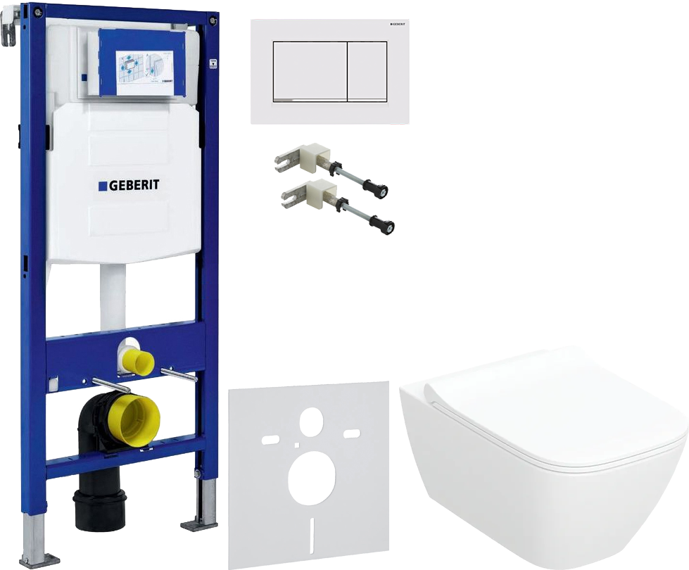 Комплект 5 в 1 Унитаз подвесной Geberit Smyle Square 500.685.01.1 + Крепления Duofix 111.815.00.1 к стене + Звукоизоляция 156.050.00.1 + Инсталляция UP 320 111.300.00.5 (111.950.00.6) + Кнопка Sigma 30 115.883.JT.1 цвет матовый белый, глянцевый хром