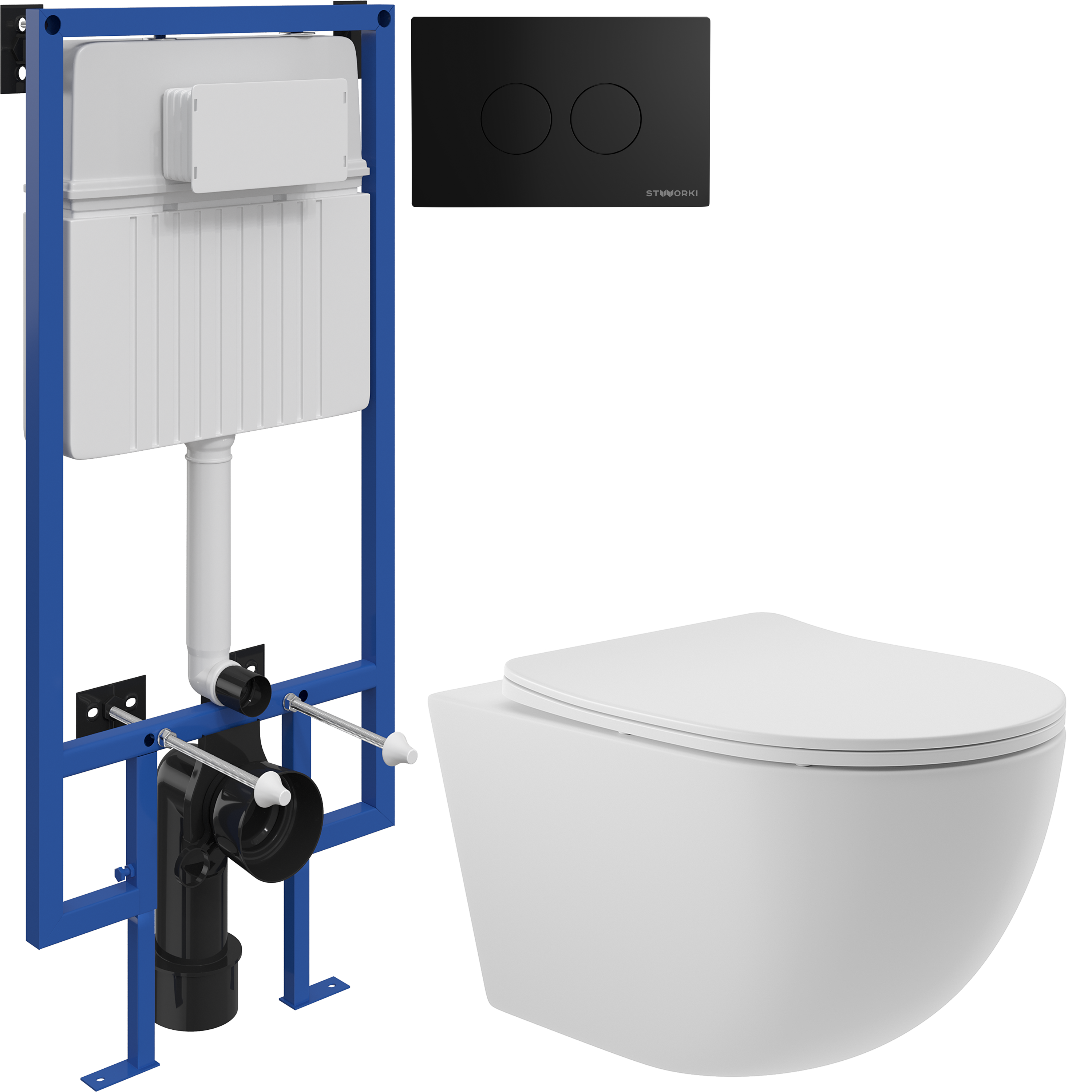 Комплект 3 в 1 Унитаз подвесной Aqueduto Ovo OVO0120 + Инсталляция STWORKI 510162 + Кнопка Хельсинки 500471 цвет матовый черный