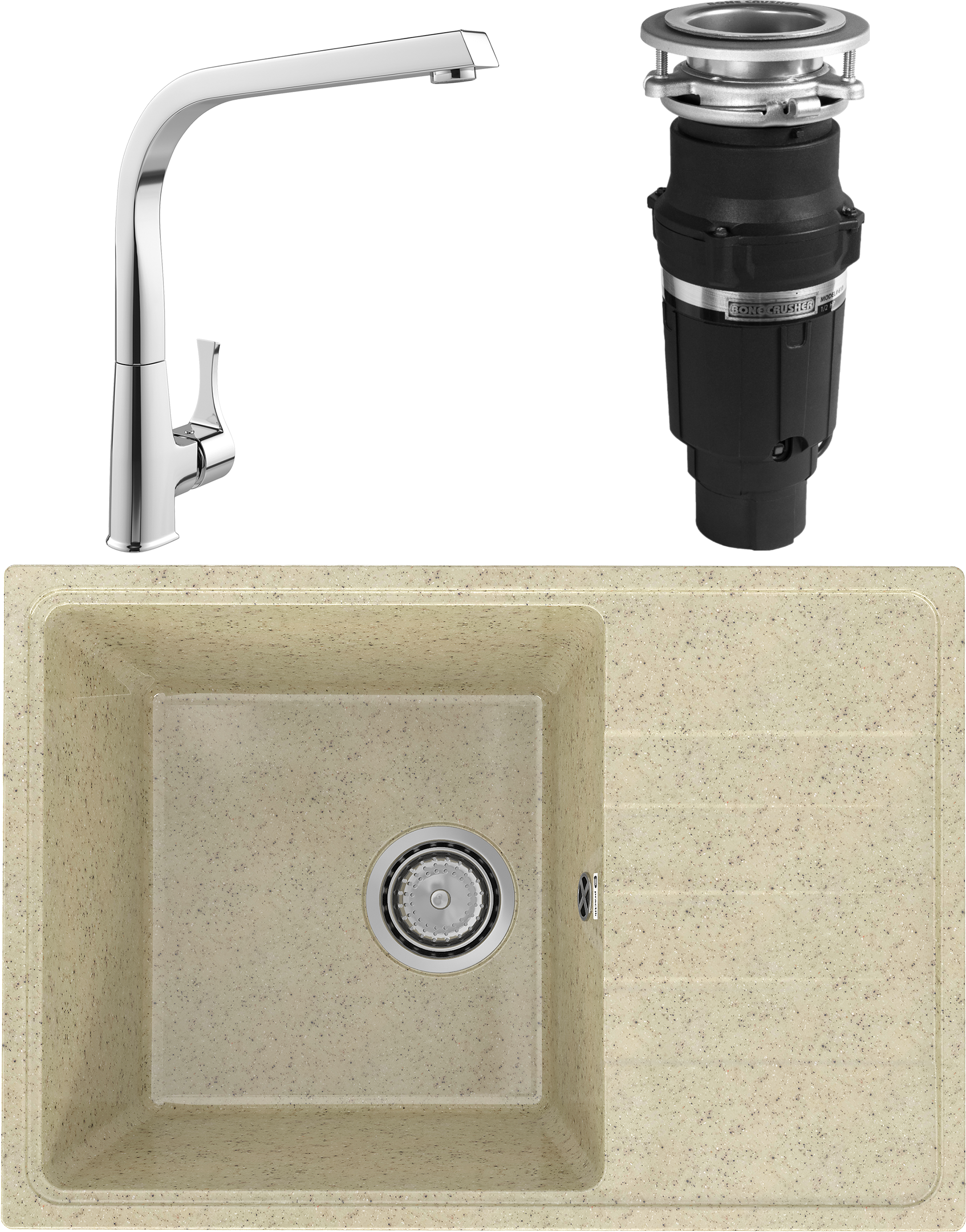 Комплект Мойка Practik PR-M 600-002, слоновая кость + Смеситель MEGA Mega + Измельчитель Bone Crusher BC 610-AS
