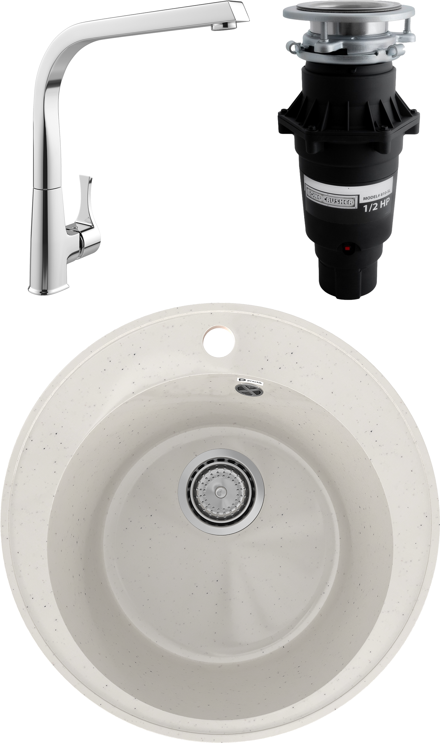 Комплект Мойка Practik PR-M 475-001, белый камень + Смеситель MEGA Mega + Измельчитель Bone Crusher BC 810-SL Slim Line