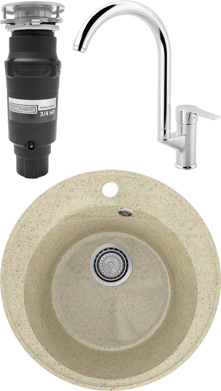 Комплект Мойка Practik PR-M 475-002, слоновая кость + Смеситель MEGA Snow MG-SH03, хром + Измельчитель Bone Crusher BC 910-SL-Slim Line