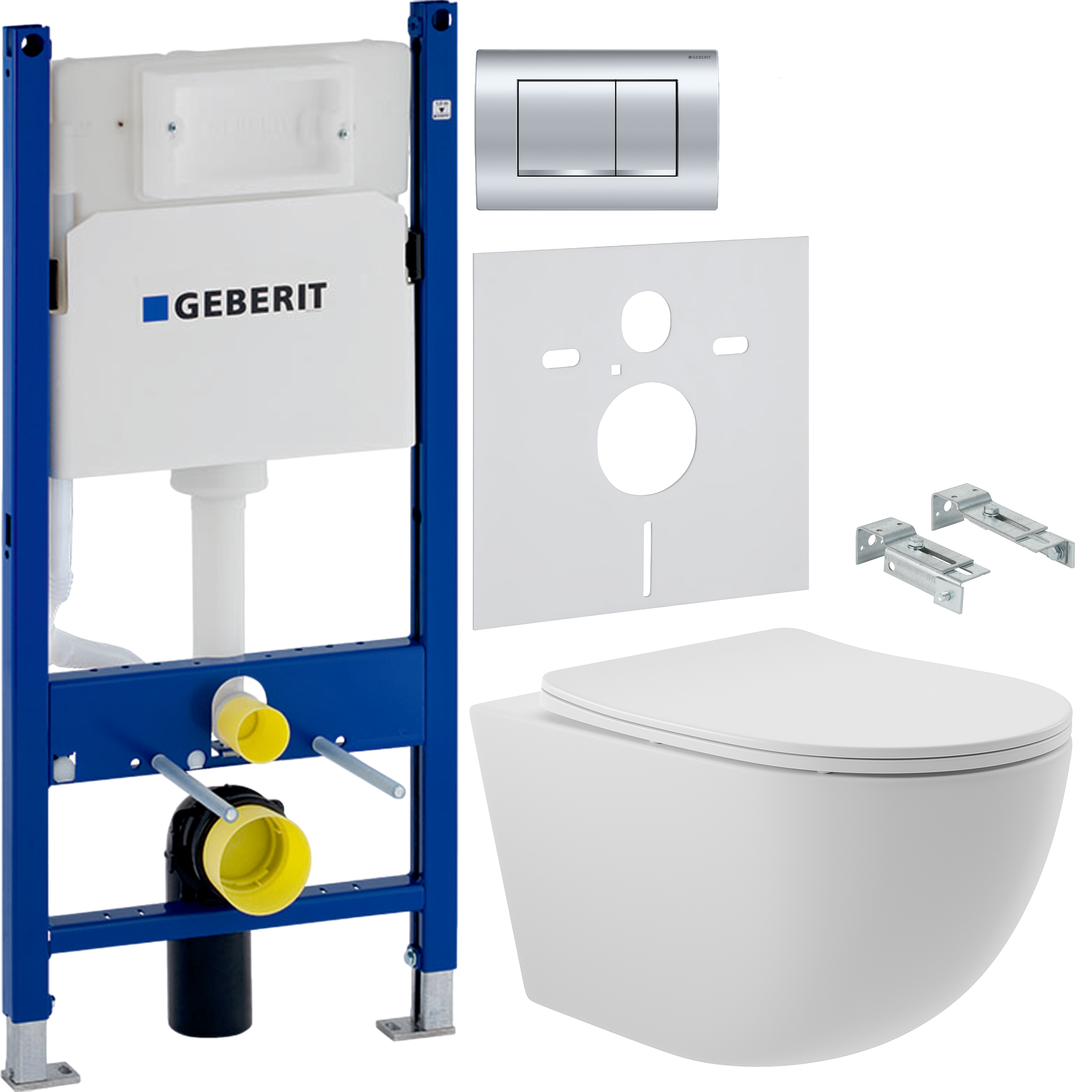 Комплект 3 в 1 Унитаз подвесной Aqueduto Ovo OVO0120 + Инсталляция с кнопкой Geberit Duofix Delta 458.163.21.1 цвет хром + Звукоизоляция 156.050.00.1