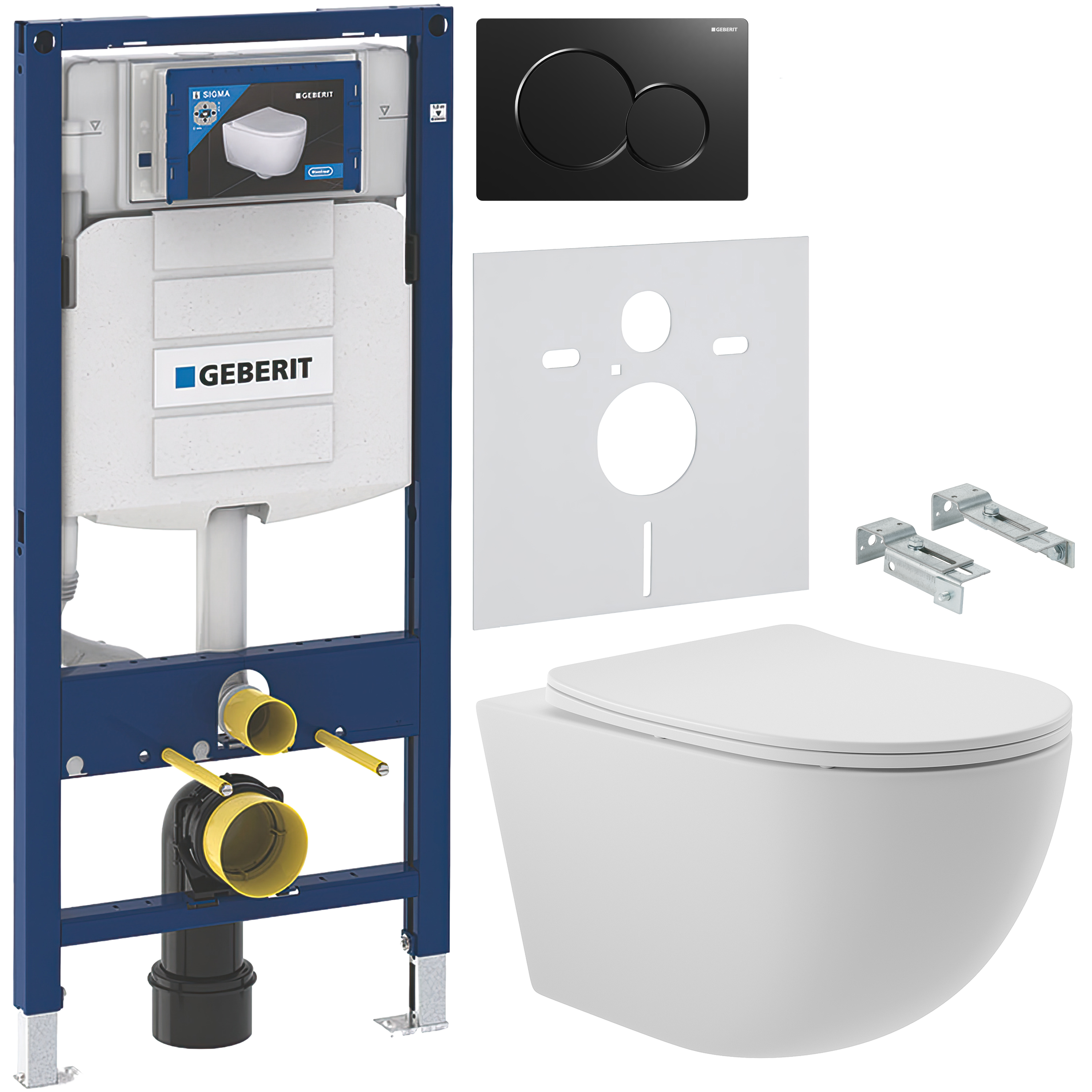 Комплект 5 в 1 Унитаз подвесной Aqueduto Ovo OVO0120 + Крепления Geberit Duofix 111.815.00.1, к стене + Инсталляция UP 320 111.300.00.5 (111.950.00.6) + Кнопка Sigma 01 115.770.DW.5 цвет черный + Звукоизоляция