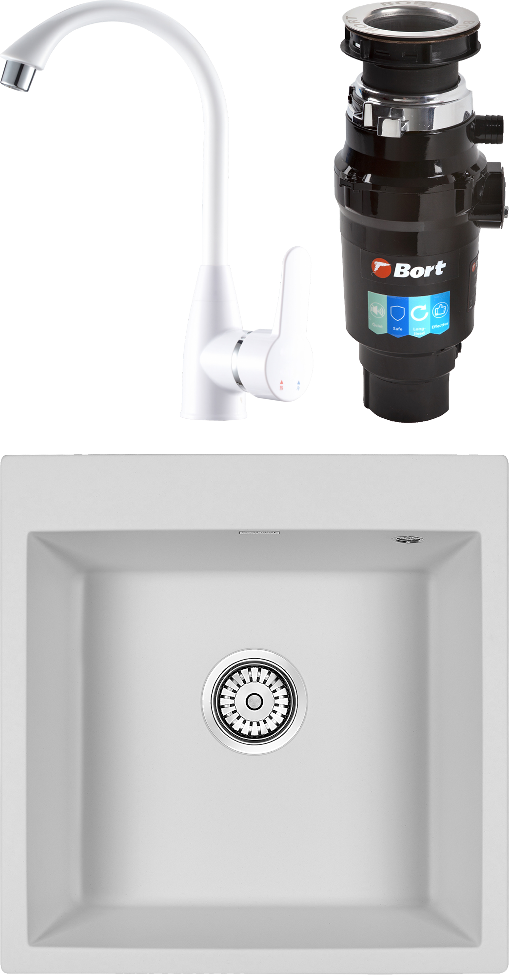 Комплект Мойка Paulmark Kante 50 PM105152-WH, белый + Смеситель РМС PL5 PL5-017F, белый + Измельчитель Bort Master Eco