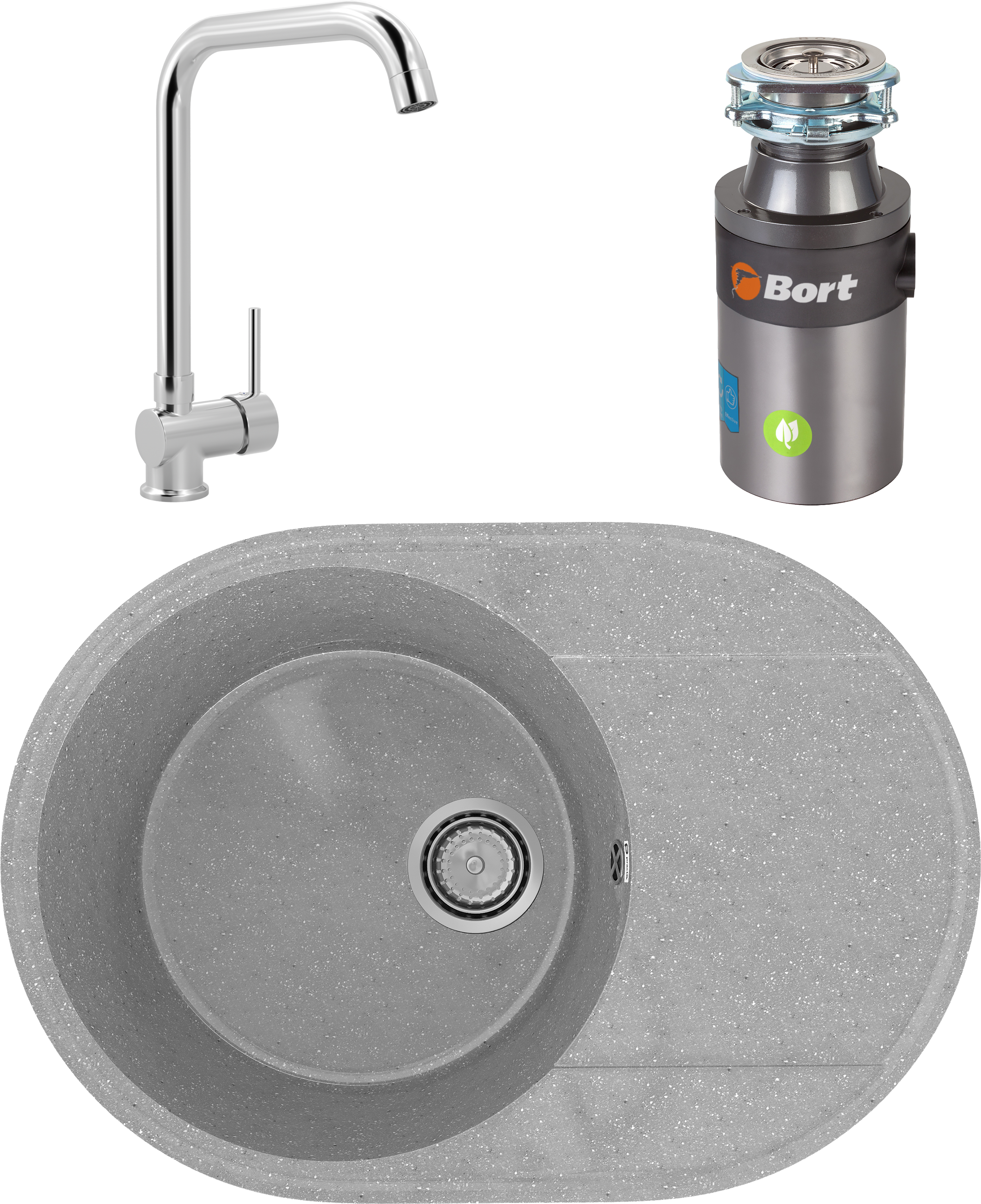 Комплект Мойка Practik PR-M 610-003, светло-серая + Смеситель MEGA Didim MG-CM107, хром + Измельчитель Bort Titan 4000 Plus