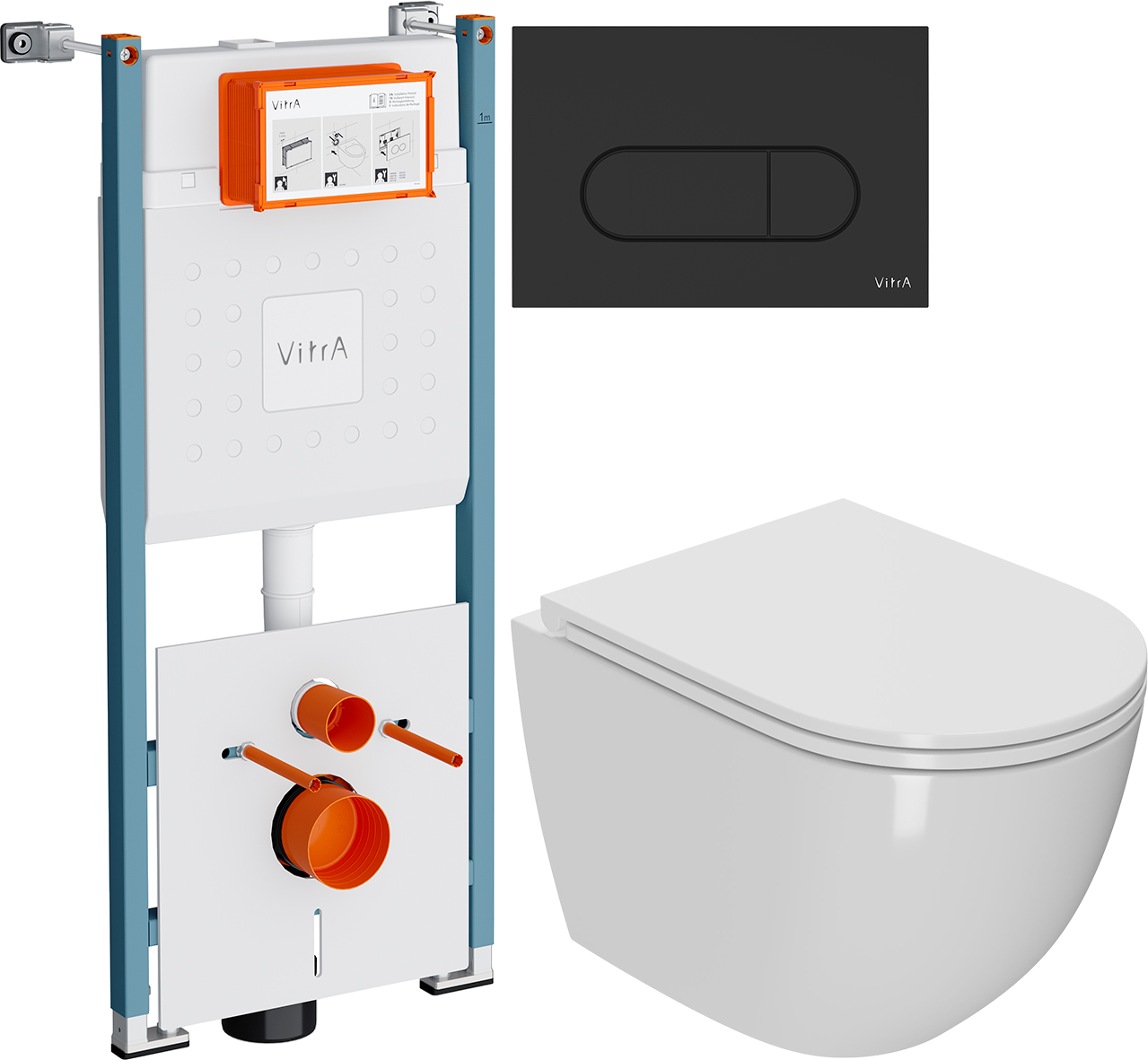 Комплект 3 в 1 Унитаз подвесной Bauedge Bau Dream Hurricane-2 с микролифтом, безободковый, белый + Инсталляция VitrA V-Fix Core 732-5800-01PV + Кнопка Root Round 740-2211 цвет матовый черный