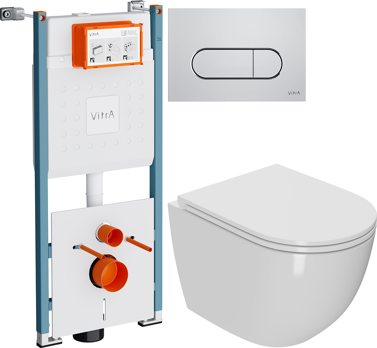 Комплект 3 в 1 Унитаз подвесной Bauedge Bau Dream Hurricane-2 с микролифтом, безободковый, белый + Инсталляция VitrA V-Fix Core 732-5800-01PV + Кнопка Root Round 740-2280 цвет хром