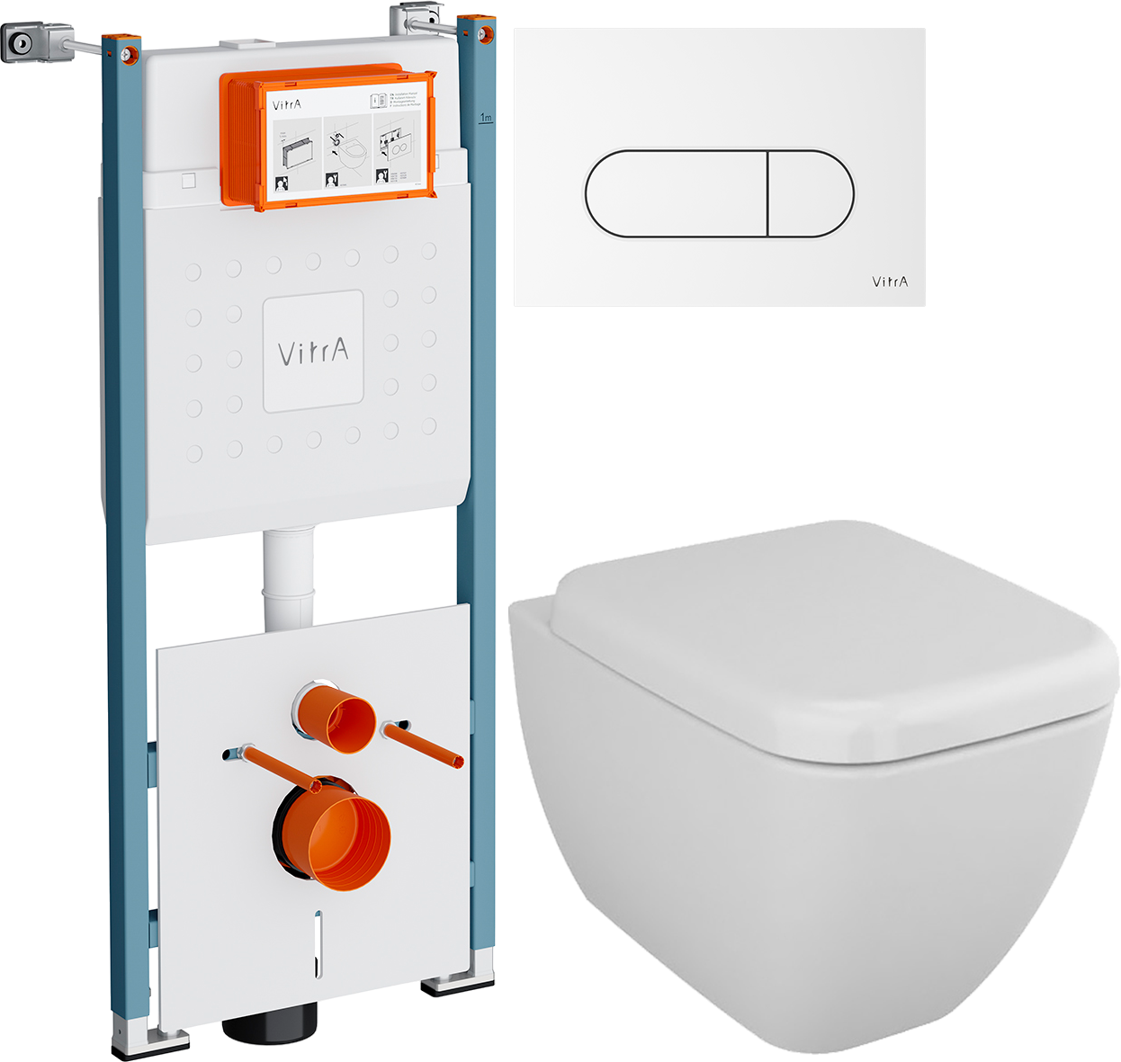 Комплект 4 в 1 Унитаз подвесной VitrA Shift 7742B003-0075 белая глянцевая + Сиденье 91-003-009 с микролифтом, петли хром + Инсталляция V-Fix Core 732-5800-01PV + Кнопка Root Round 740-2200 цвет глянцевый белый