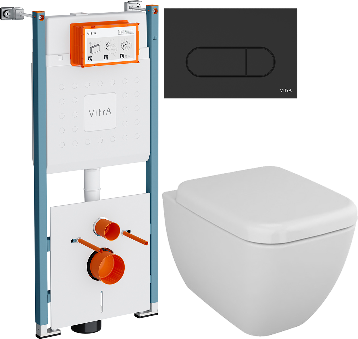 Комплект 4 в 1 Унитаз подвесной VitrA Shift 7742B003-0075 белая глянцевая + Сиденье 91-003-009 с микролифтом, петли хром + Инсталляция V-Fix Core 732-5800-01PV + Кнопка Root Round 740-2211 цвет матовый черный