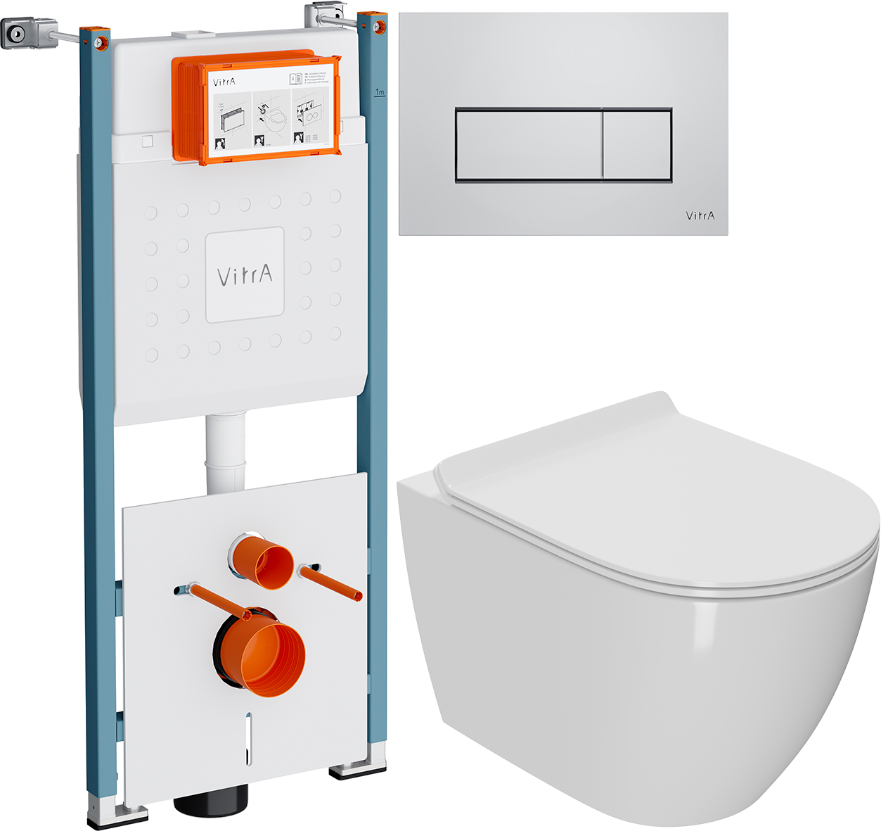 Комплект 3 в 1 Унитаз подвесной Bauedge Bau Dream + Инсталляция VitrA V-Fix Core 732-5800-01PV + Кнопка Root Square 740-2380 цвет хром